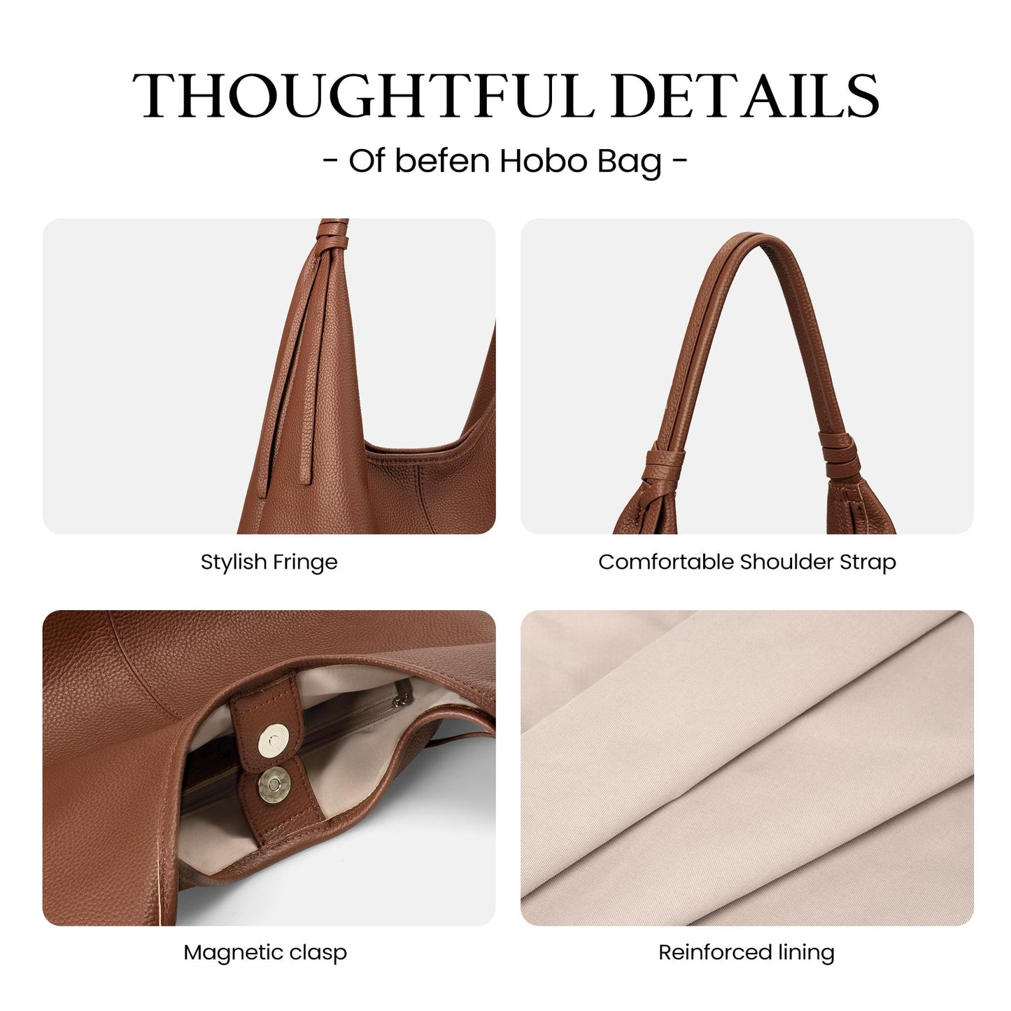 befen Genuine Leather Slouchy Hobo Purses for Women, Casual Hobo Bags Real Top Grain Leather Tote Handbags Women's Brown Shoulder Satchel for Shopping, Outing, Travel
