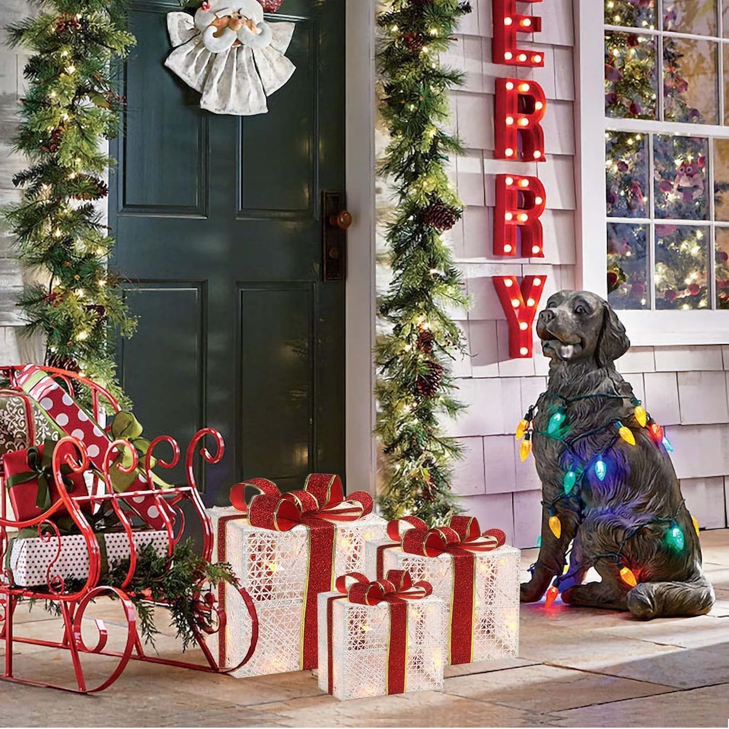 3-Piece Lighted Gift Boxes - Pre Lit Christmas Decoration with Ribbons for Indoor/Outdoor Use (8in) - Weather Resistant Yard Home Decor with Warm UL Lights