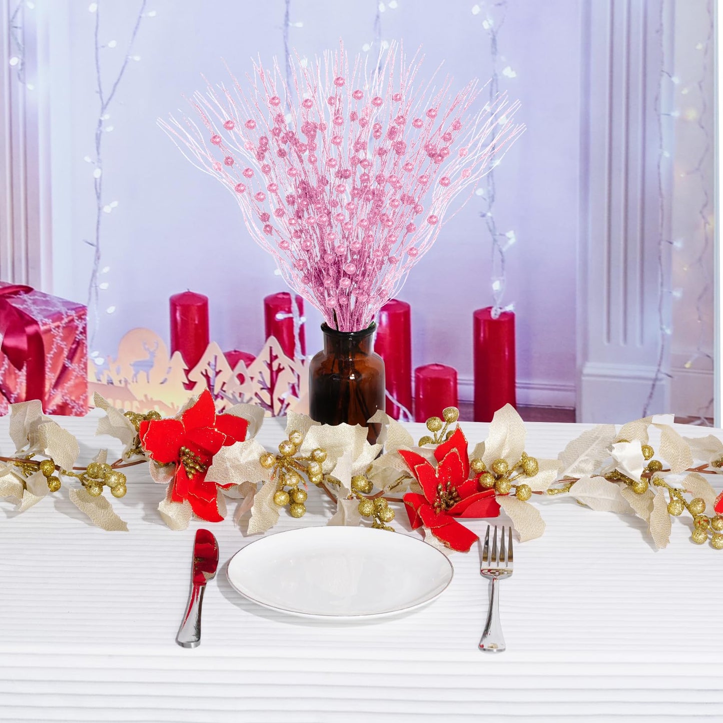 Jmkcoz 12 Pack Christmas Glitter Curly Spray Picks Berry Stems Wispy Willow Christmas Berry Picks Sprays Glittered Twigs for Christmas Tree Topper Wreath Garland Decoration Floral Arrangement (Pink)