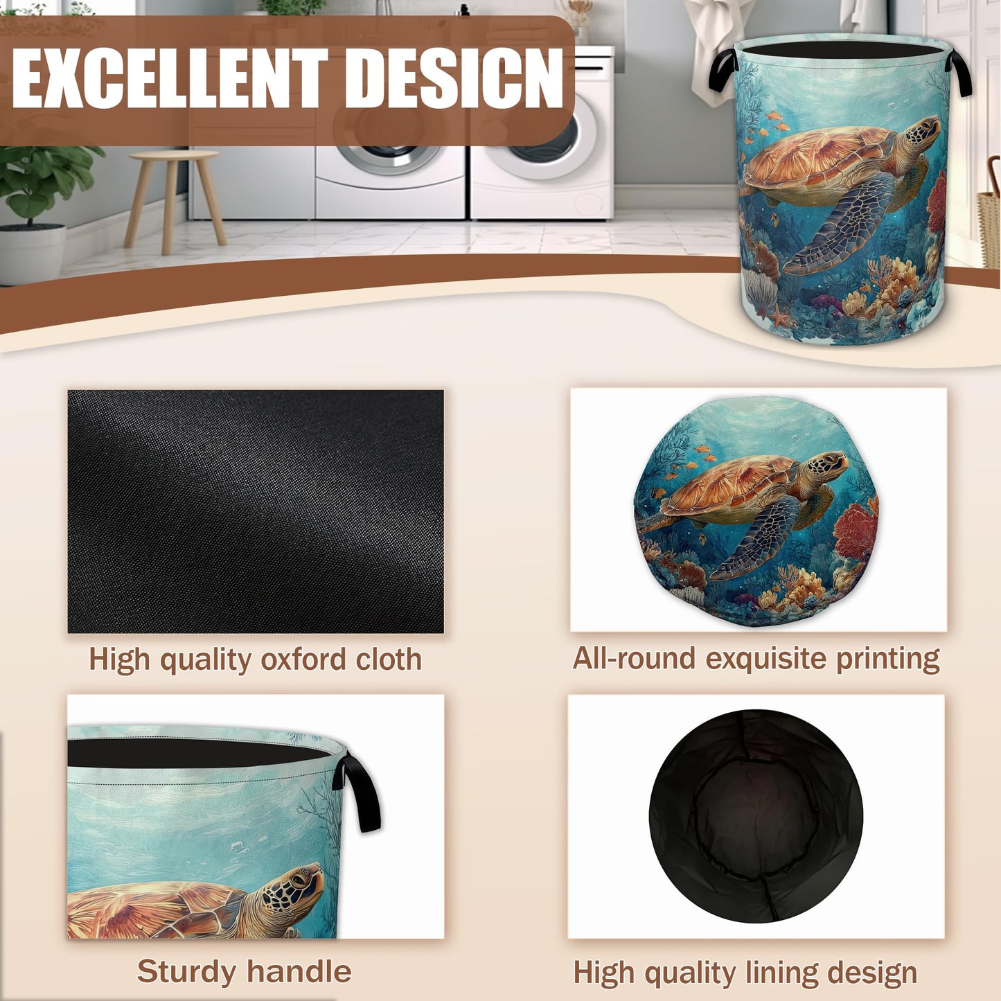 Sea Turtle Coral Ocean Laundry Hamper,Laundry Baskets,Waterproof Oxford Cloth Toy Storage for Bedroom,Bathroom,Nursery,16x20.8 Inch