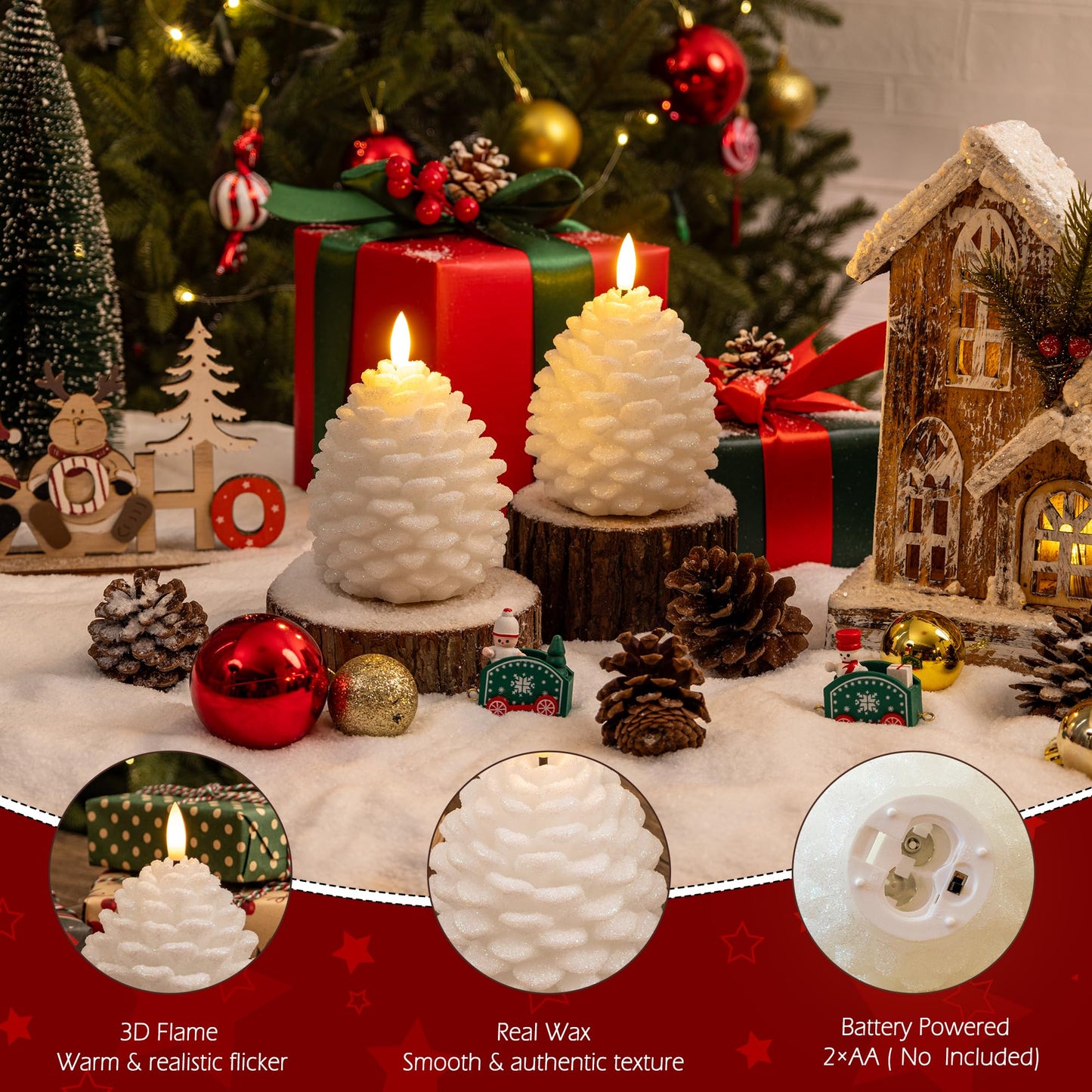 AFINETH Christmas Flameless Pinecone Candles with Remote, Real Wax Battery Operated Pine Cone Candles, 2 Pack Flickering Led Candle Christmas Decorations for Winter Home Holiday Xmas Gift, White