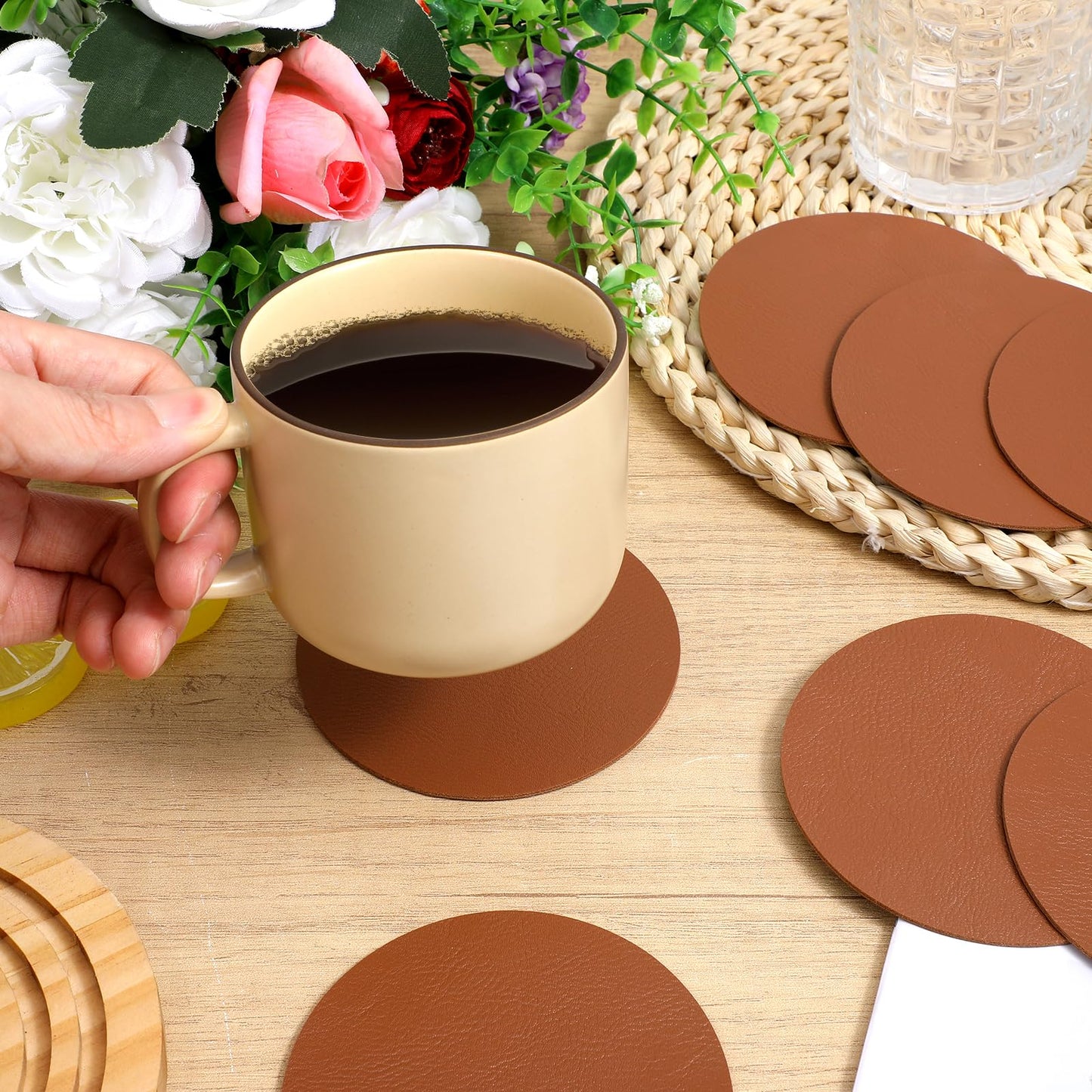 Oqqlin 60 Pcs PU Leather Coasters, 4 Inch Round Leather Coasters 10 mm Thickness Brown Drink Coaster for Home, Coffee, Tabletop Protection, Home Decoration