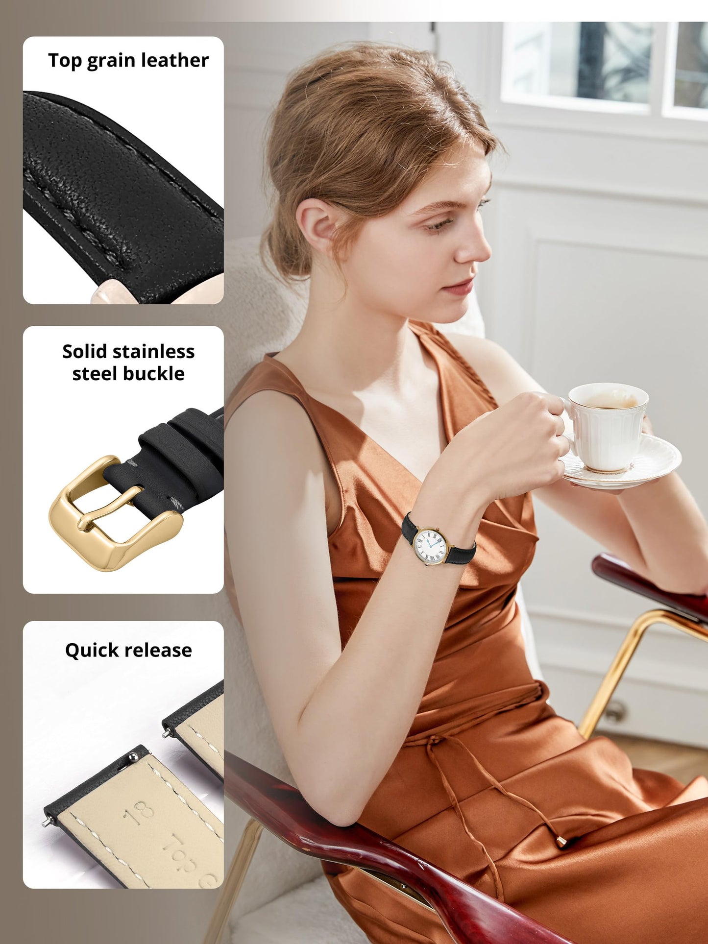 EACHE 12mm Leather Watch Bands for Women Ladies Quick Release Black Leather Watch Band Replacement Strap with Gold Buckle