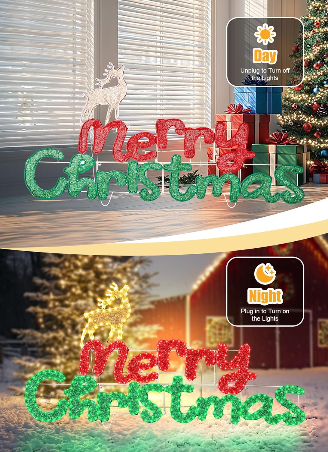 Brightown 4.9FT Merry Christmas Sign Decoration Outdoor, Lighted Merry Christmas Sign with Reindeer, Xmas Neon Lighted Sign for Outside Indoor Front Door Window Wall Hanging Lighted Holiday Displays