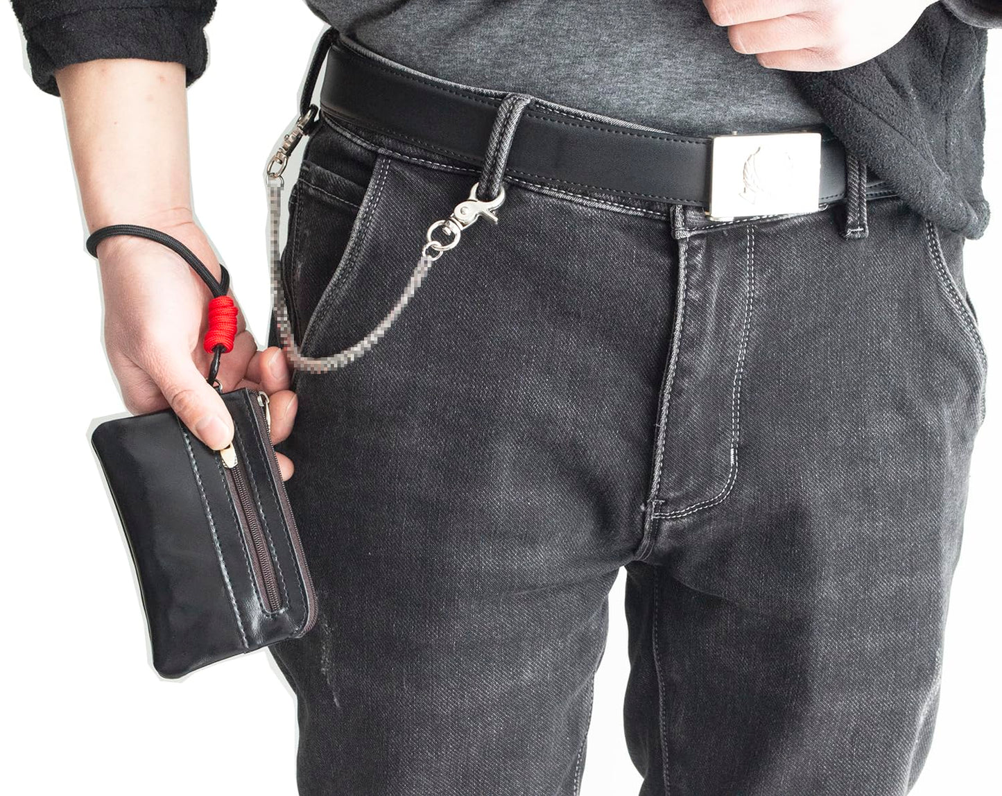 Genuine Leather Coin Purse with Removeable Wallet Chain & Wristlet - 2-Zipper Pocket Keychain Wallet, Small Black Change Purse and Card Holder for Men & Women