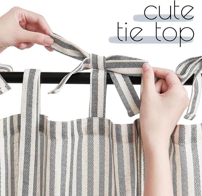 JINCHAN Tie Top Linen Kitchen Curtains 36 Inch Striped Tier Curtains Farmhouse Modern Cafe Style Small Window Treatments Airy Light Filtering Rod Pocket for Living Room Bathroom 2 Panels Charcoal Grey