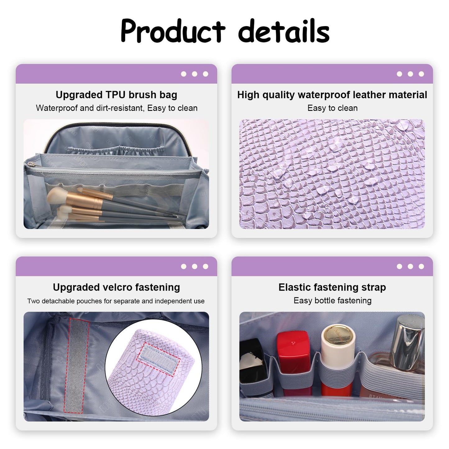 BOYATU Travel Makeup Bags for Women: 3 Pcs Set Wide Open Cosmetic Bag - Portable Make up Bags with Handle - Vegan Leather Toiletry Organizer Bag with Divider (G-01-Purple)