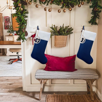 Pxniy Personalized Christmas Stocking, 19.5 Inch Blue Velvet Christmas Stocking with Gold Wooden Letter Ornament - Fireplace Holiday Decor (Blue M)
