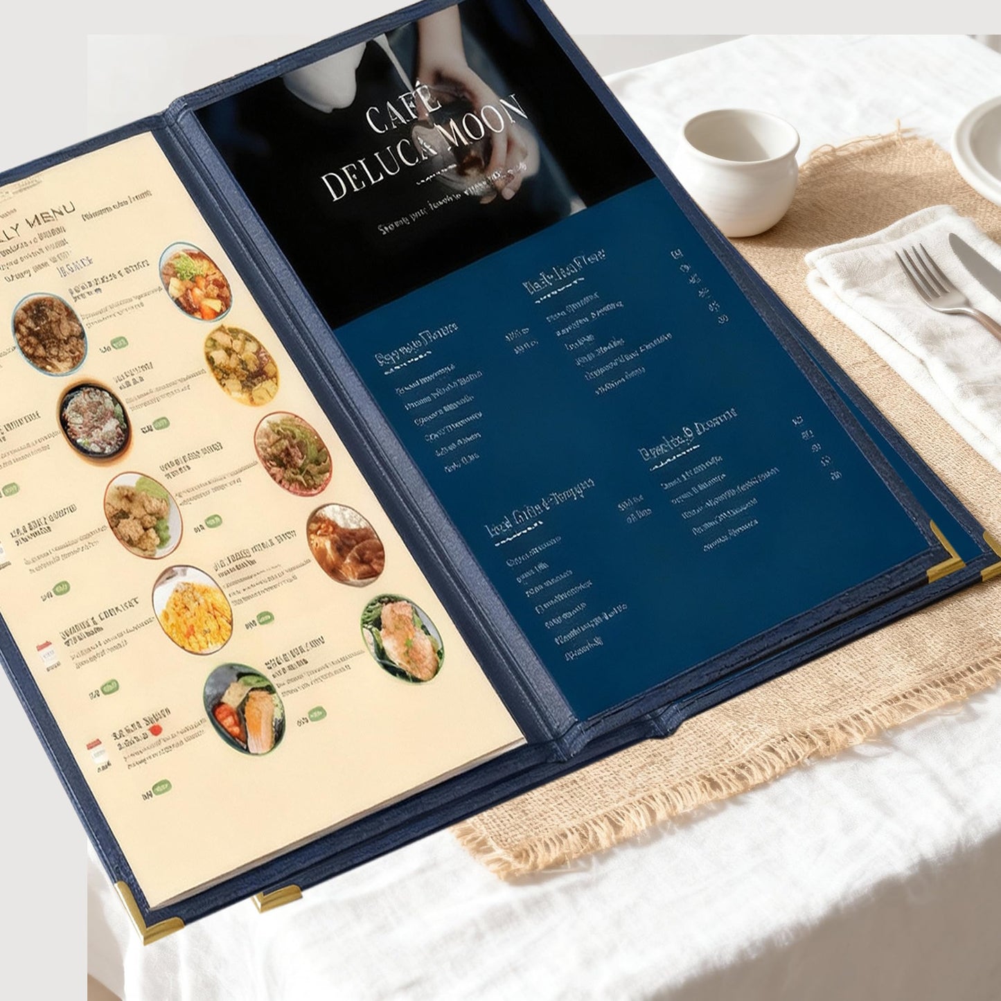 12 Pcs Blue Menu Covers, 8.5x14 Legal Size, 2 Page 4 View menu Holder, Toothed Metal Corners, Waterproof & Scratch-Resistant PVC Leatherette Menu Sleeves.Ideal Menu Book for Restaurants, Cafes