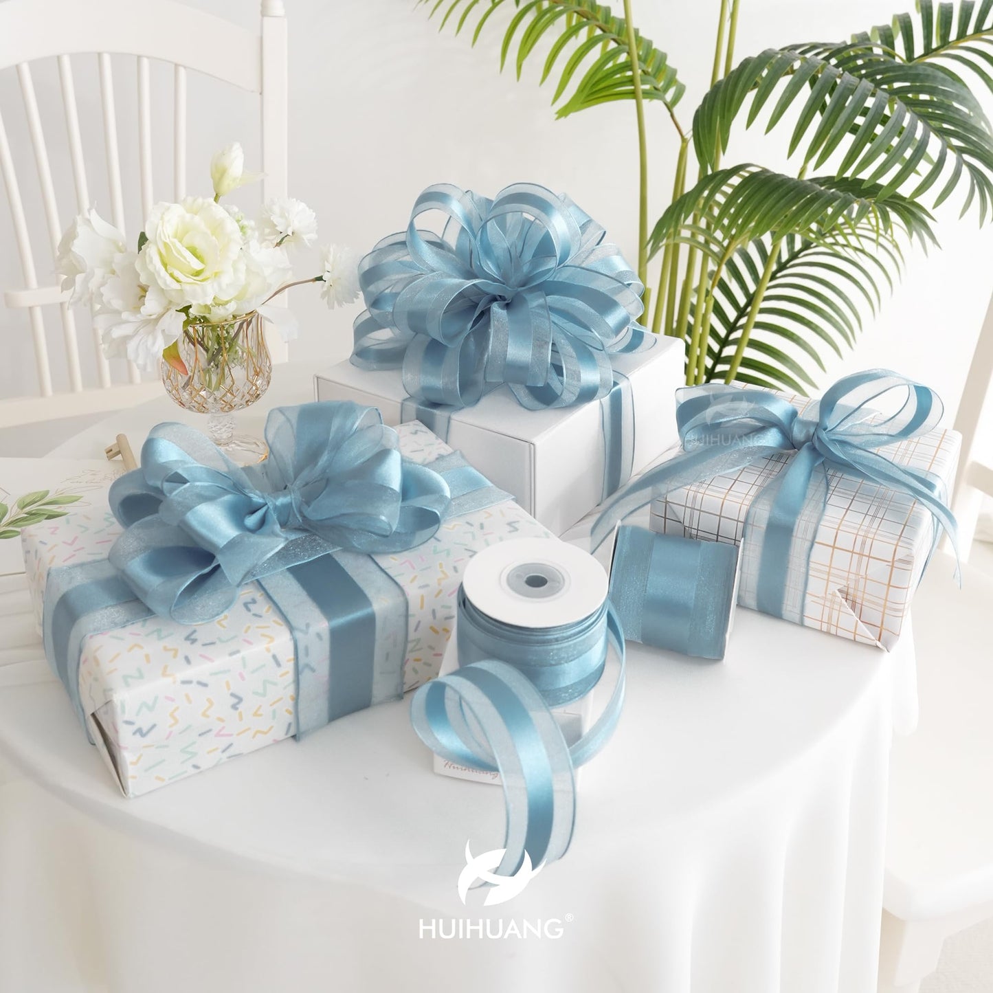HUIHUANG Dusty Blue Organza Wired Ribbon with Satin Stripe 2.5 inch Blue Sheer Wired Ribbon for Bows Making, Wreaths, Gift Wrapping, Bridal Shower Wedding Decor Decor-Continous 10 Yards