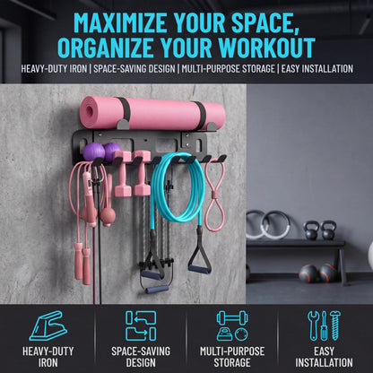 Heavy-Duty Metal Gym Storage Rack, Wall-Mounted Multi-Purpose Home Gym Organizer for Yoga Mat, Resistance Bands, Jump Ropes, Weight Belts - Space-Saving Garage Gym Storage with Removable Hooks