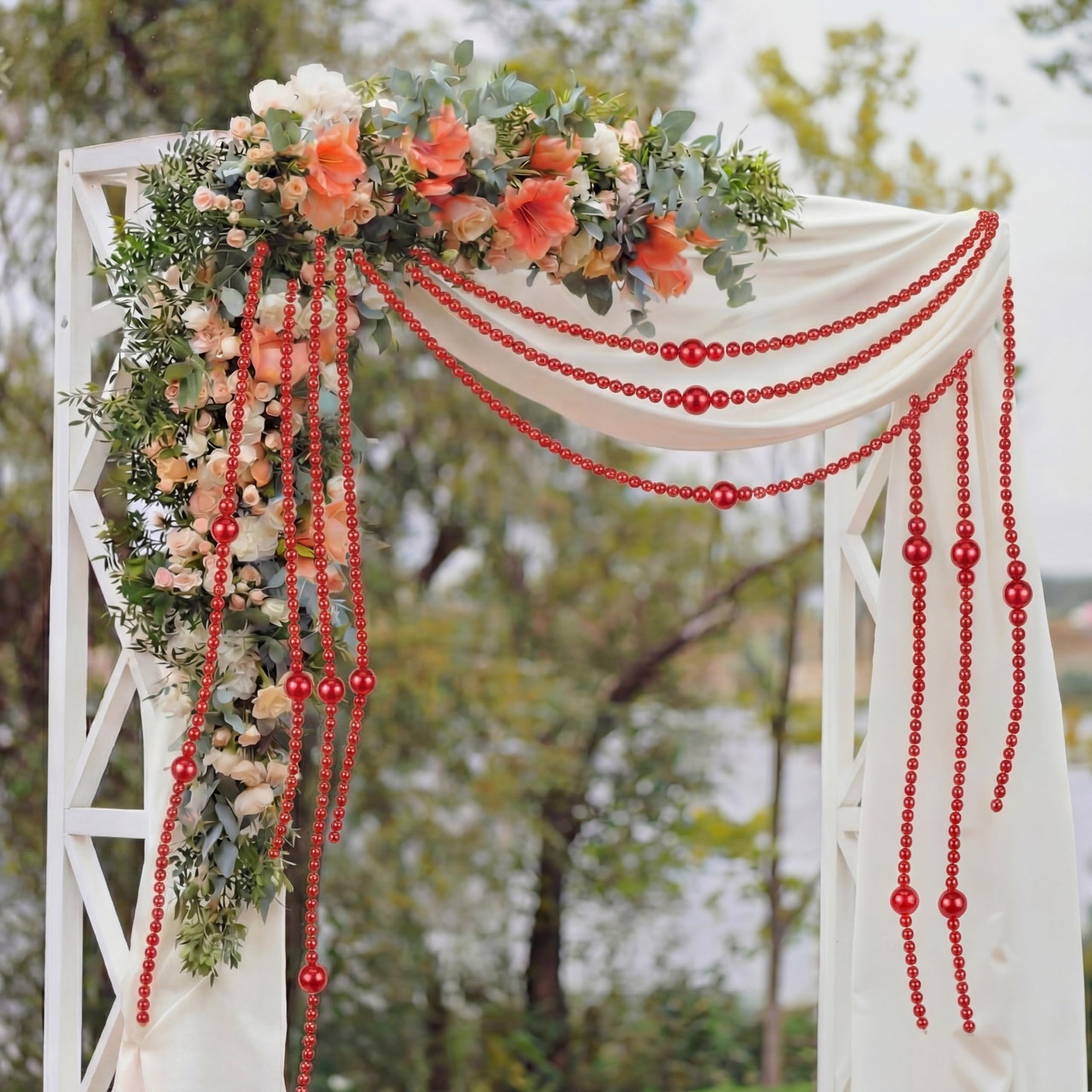 Yalikop 11.8 ft Red Faux Pearl Beads Garland for Wedding Pearl Garland Strand Chain Wedding Decoration for Floral Centerpieces Bridesmaid Party Favor Mantel Fireplace Stairs