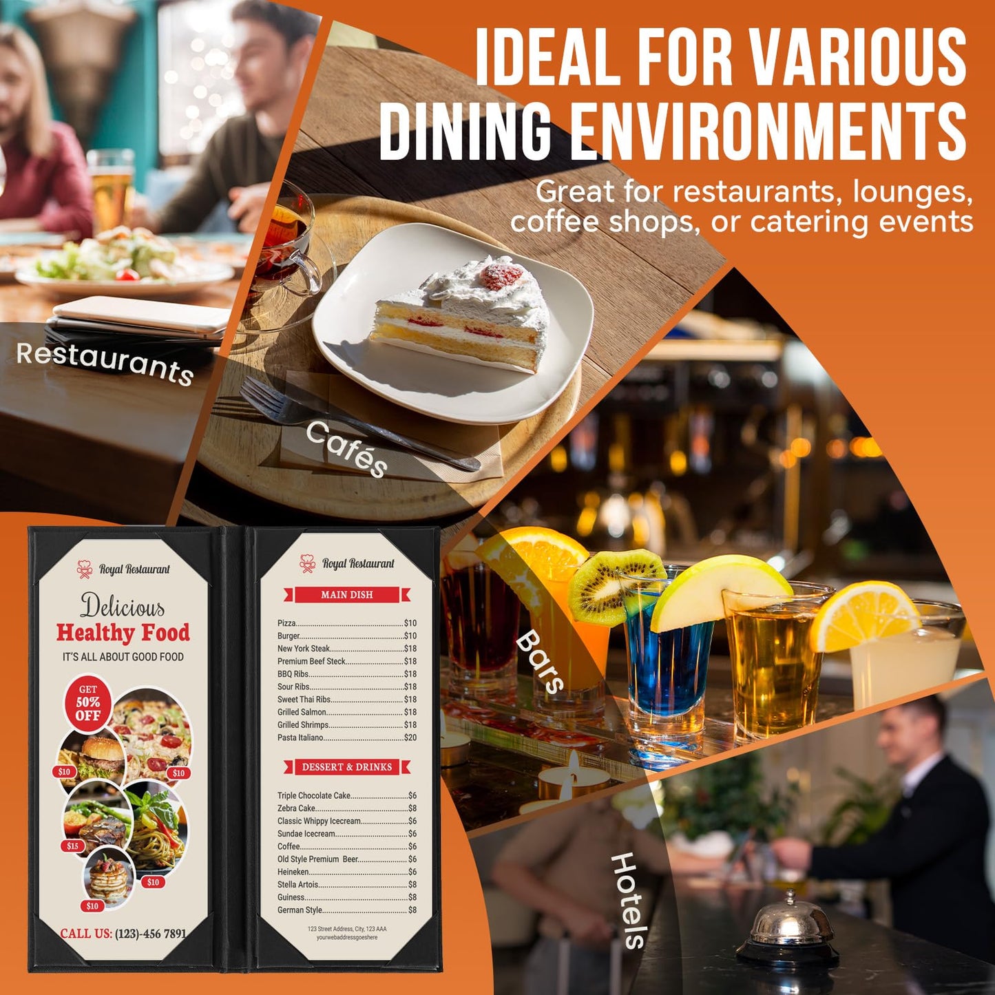 MYFULLY Restaurant Menu Holders 4.25" x 11", 6 Pack Black PU Leather Single Panel Menu Covers with Angled Corners for Restaurant, Bar, Coffee Shop, Wine List (4 View)