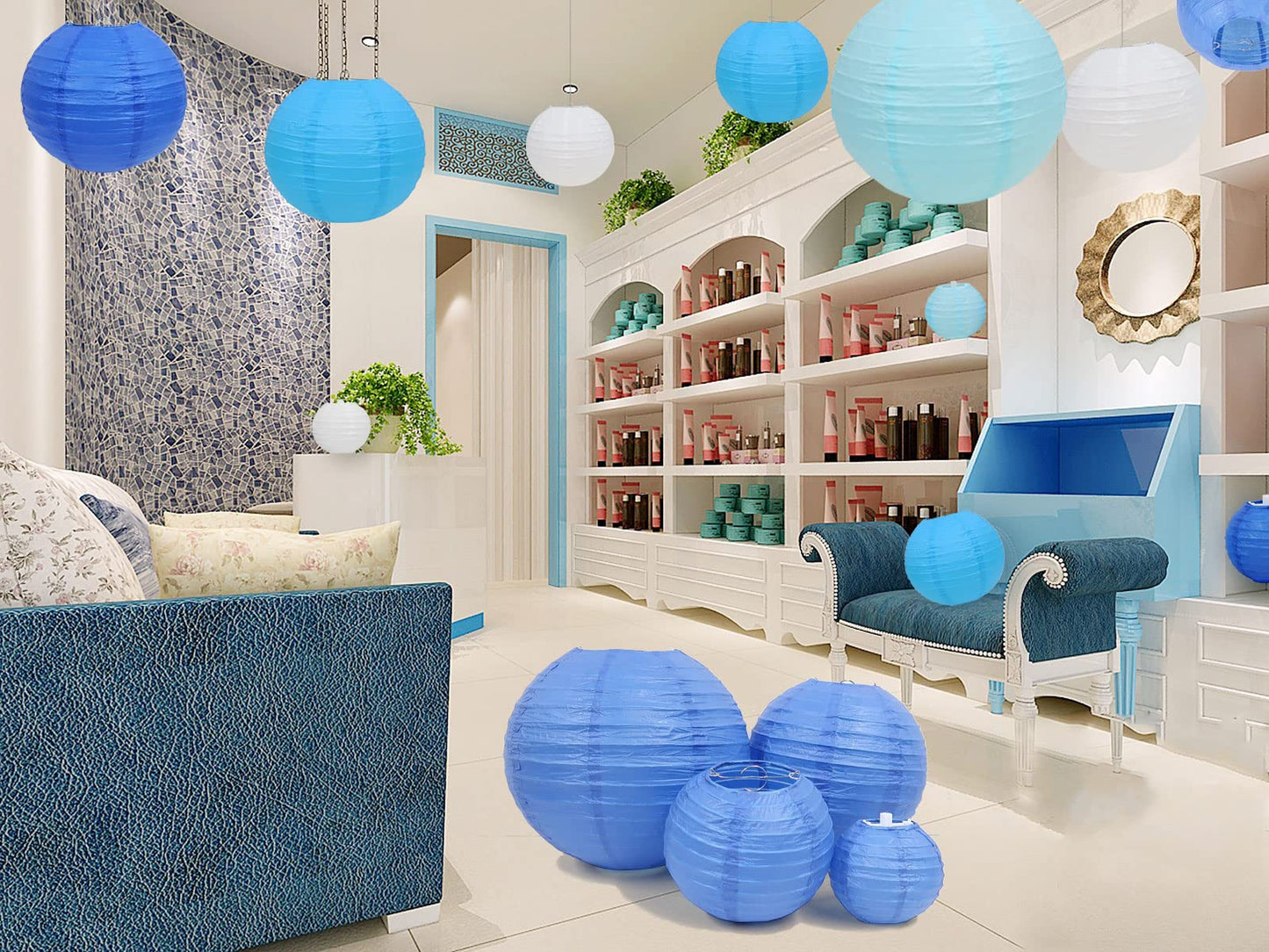 LURICO 16 Pcs Blue/White Paper Lanterns (Size of 4”, 6”, 8”, 10”) - Chinese/Japanese Paper Hanging Decorations Ball Lanterns Lamps for Home Decor, Parties, and Weddings