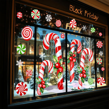 Whaline 13.8 x 35.4'' Extra Large Christmas Window Clings Red Green Candy Cane Holly Berry Window Stickers Double Sided Glass Decals for Winter Xmas Home Classroom Office Party Decoration, 3 Sheets