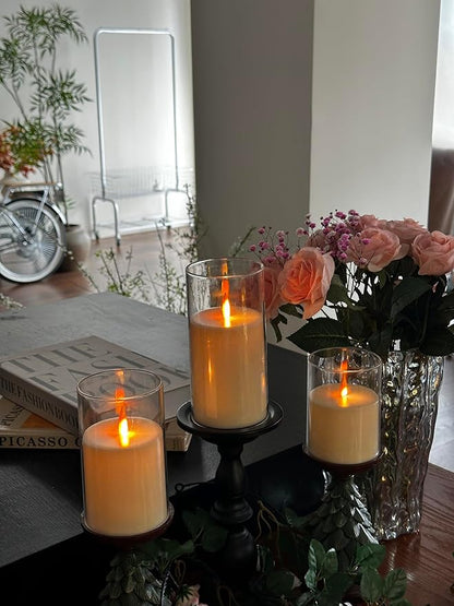 Upinmz Gold Acrylic Flameless Candles with Remote Control and Timers，Battery Operated Candles，LED Pillar Candles with Dancing Flame ，for Home Decorations ，Set of 3