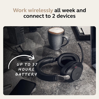 Jabra Evolve2 85 Wireless PC Headset – Noise Cancelling MS Certified Stereo Headphones with Long-Lasting Battery – USB-A Dongle, Charging Stand – Black