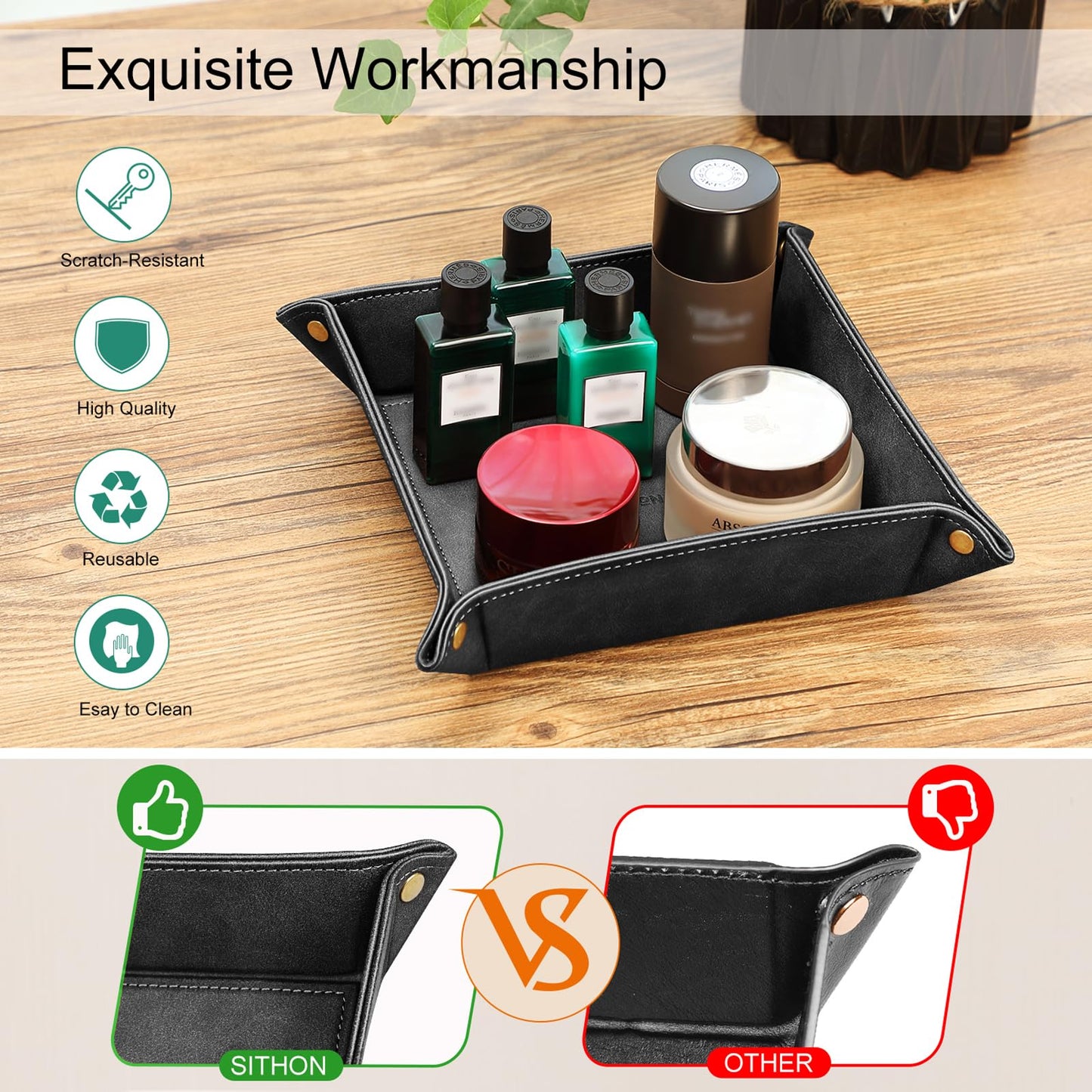 SITHON Valet Tray Desktop Storage Organizer – Premium PU Leather Catchall Bedside Vanity Tray Nightstand Caddy Holder for Keys, Phone, Wallet, Coin, Jewelry, Valentine's Day Gift, Black