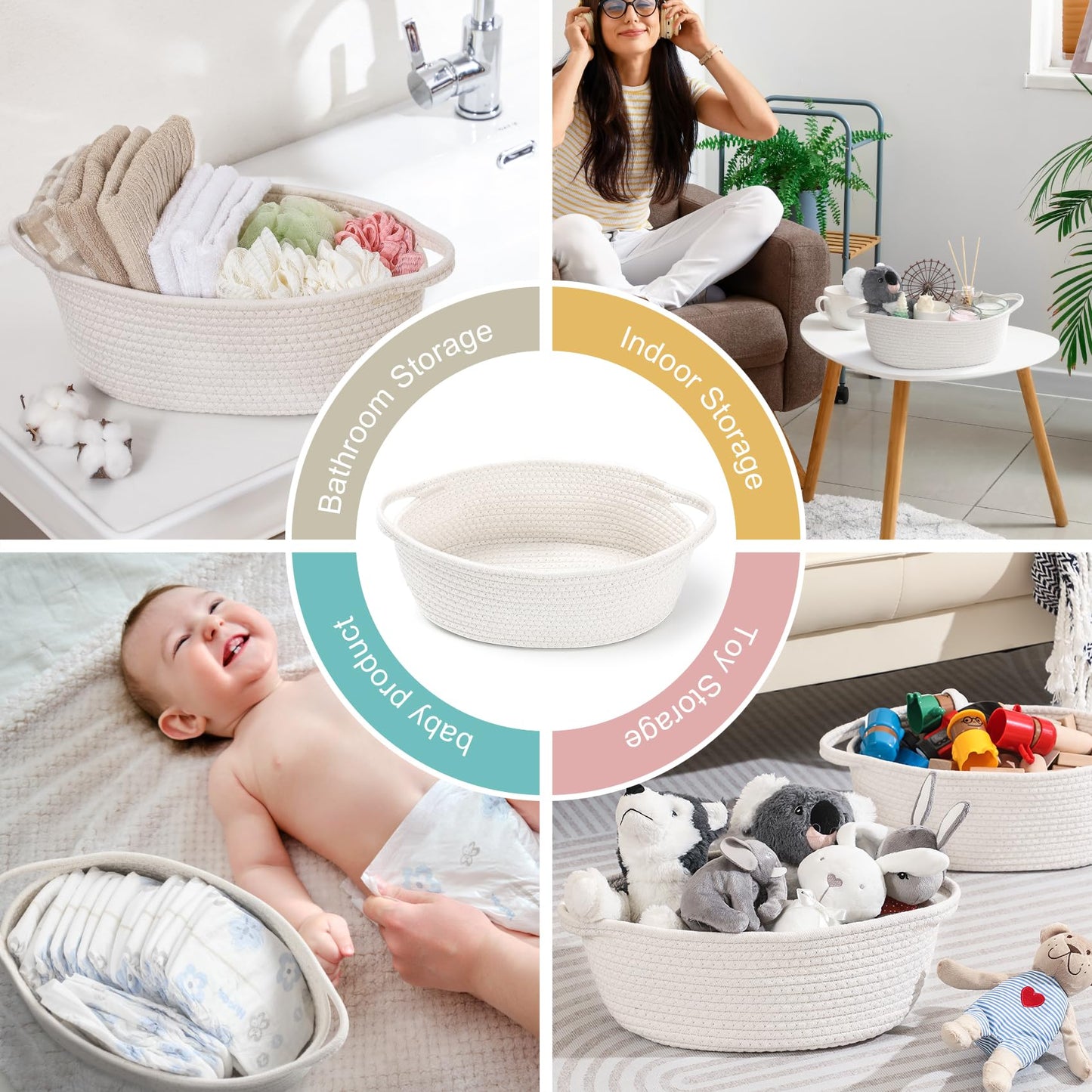 8 Pack Small Woven Basket with Gift Bags and Ribbons, All 12"x 8"x 5", Empty Decorative Gift Chest Box, Cute Baby Gift Basket for Nursery, Cotton Rope Room Shelf Storage Basket with Handles, White