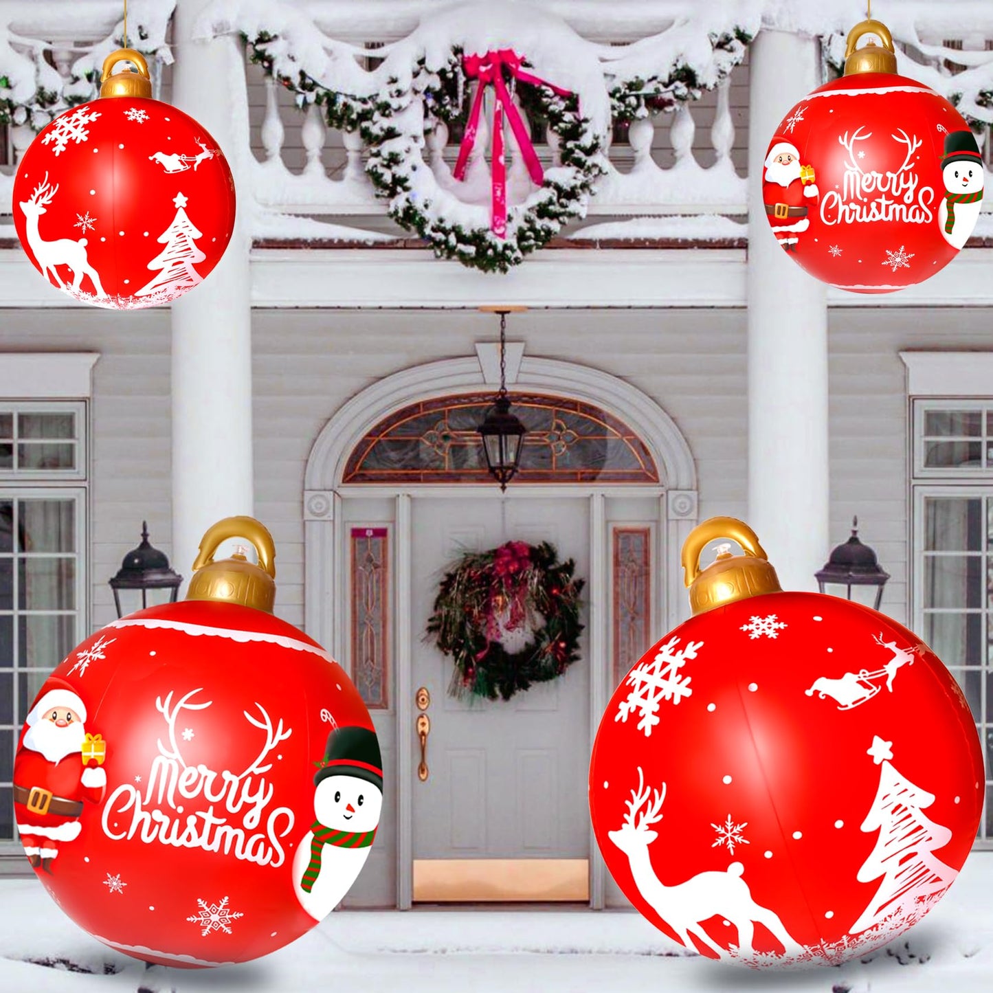 2PCS Christmas Inflatable Decorated Ball 24in Yard Inflatable Christmas Balls Giant Xmas Tree Ornaments PVC Blow up Yard Decorations for Outside Holiday Yard Lawn Porch Decor