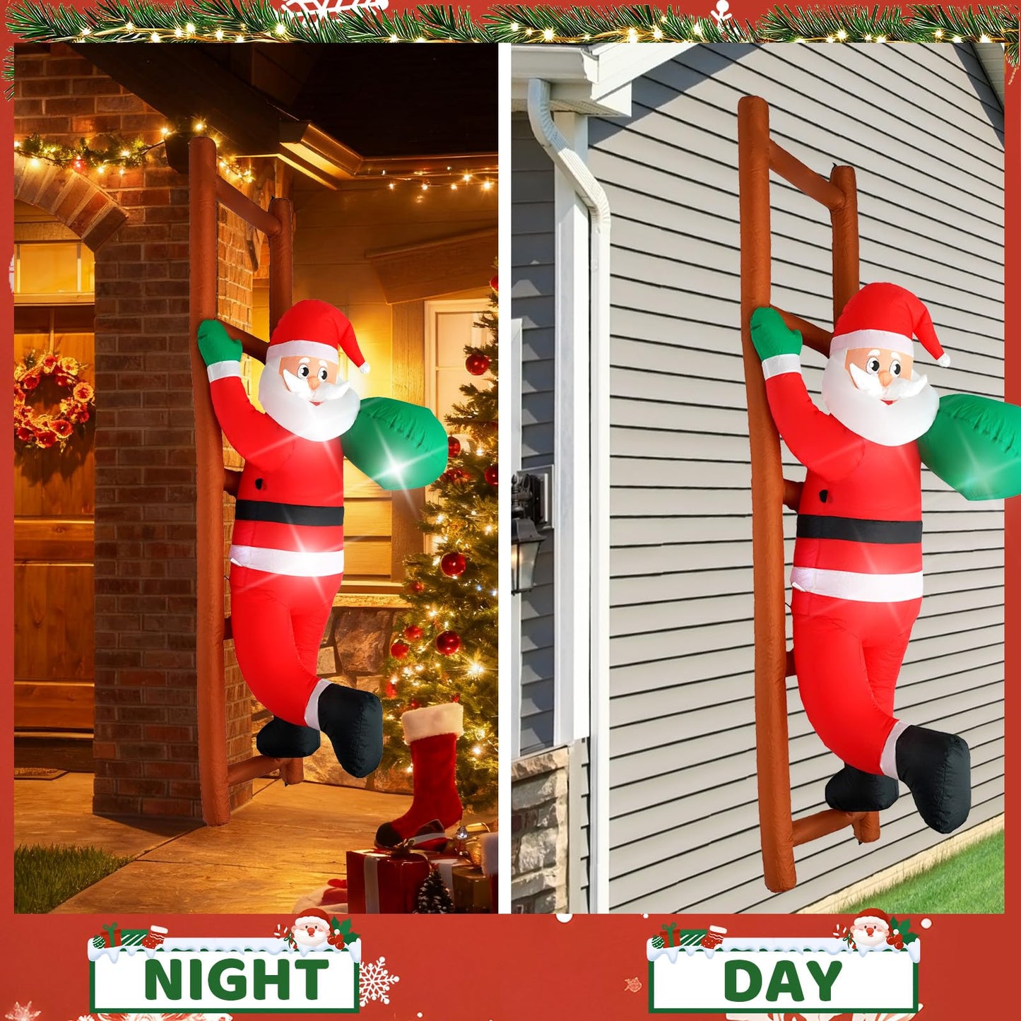 InfleasJoiy 8FT Santa Claus Climbing on Ladder Christmas Decoration with Built-in LED Lights, Christmas Outdoor Inflatable Decoration for Lawn, Yard, Garden, Patio