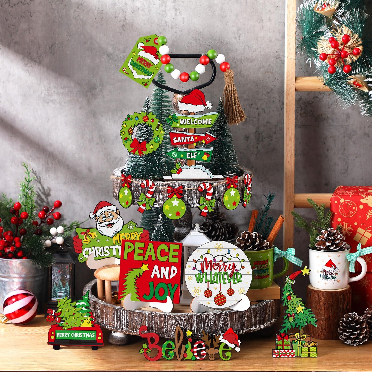 GlikCeil 19 Pcs Christmas Tiered Tray Decor Set Lime Green Red Tray Decorations Merry Christmas Decor Items Santa Candy Wooden Sign Xmas Table Centerpieces Decorations for Home Shelf Party
