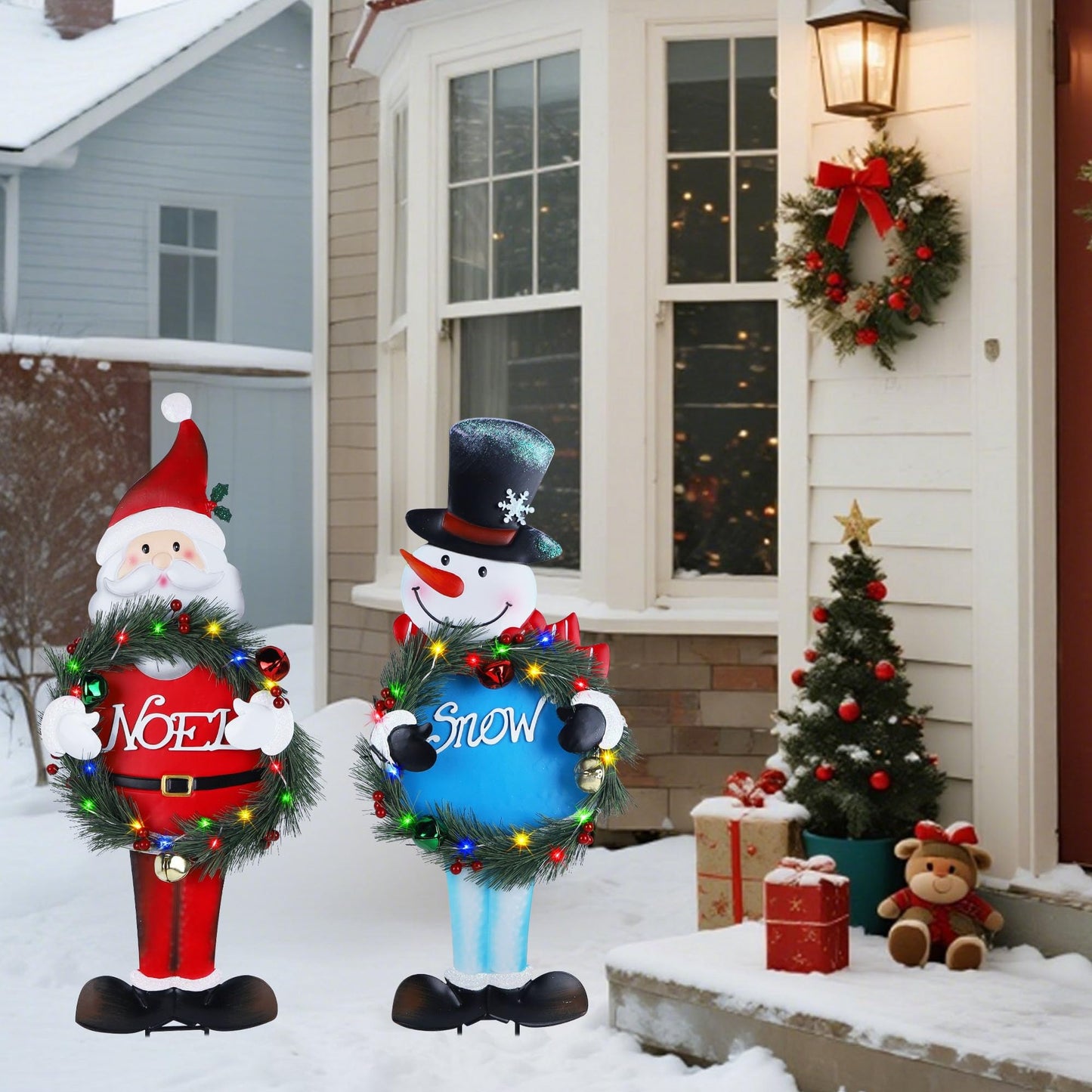 Stentec Lighted Christmas Decorations Outdoor, 2 Pack 30" Height Santa & Snowman Xmas Yard Signs Metal Garden Stakes with LED Lights, Battery Powered for Holiday New Year Winter Walkway Patio Lawn