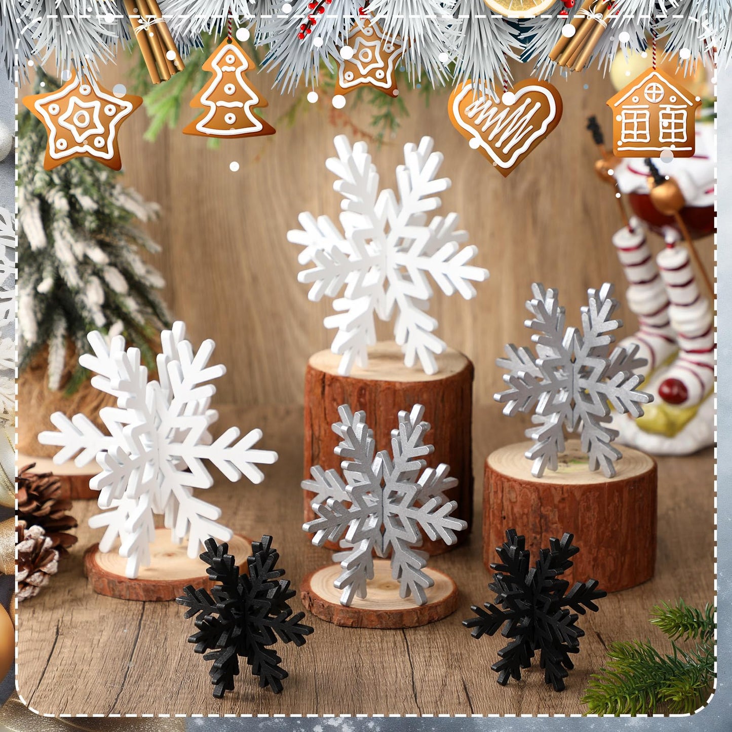 Bucherry 12 Pcs Wooden Snowflake Table Decor 3D Snowflake Tabletop Signs and Centerpiece for Frozen Party Christmas Xmas Winter Wonderland Decorations Home Office Mantel(White, Gray, Black)