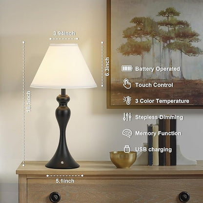 Cordless Bedside Lamp for Living Room, Table Lamp for Bedroom, 3-Way Dimmable Nightstand Lamp with Fabric Shade, Rechargeable Touch Led Desk Lamp Battery Operated Lamp for Dorm, Home Office (Black)