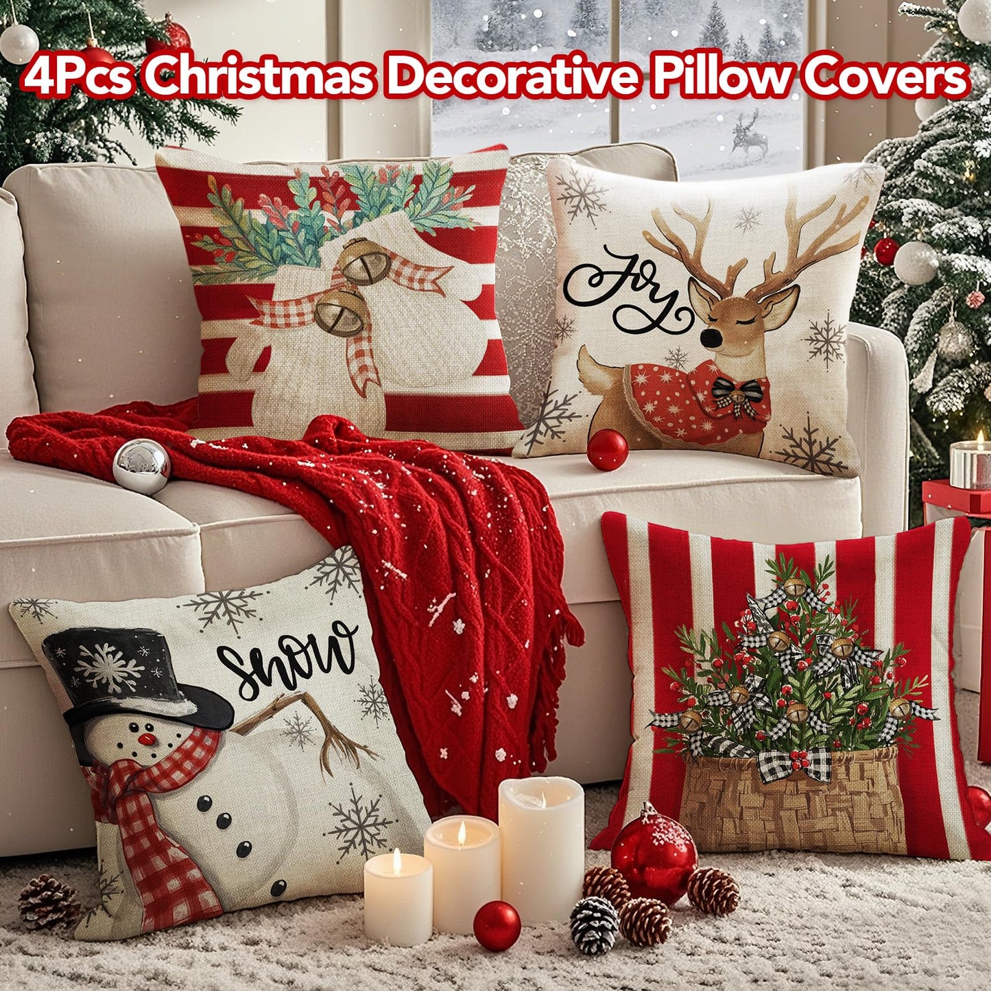 UPOFFICIS Christmas Pillow Covers 18x18 inch Set of 4, Christmas Decorations Cushion Covers, Xmas Pillow Covers, Pillowcases Throw Pillow Covers for Sofa Couch Home Decor