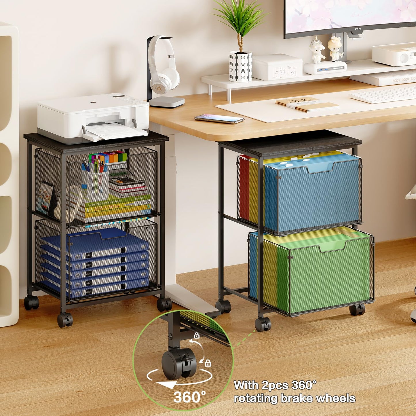 Sbanmao Letter/Legal Rolling File Cart with 2 Storage Drawers, Under Desk Storage, Vertical Filing Cabinet for Home Office, Hanging File Folders Organizer, Mobile Utility Cart Printer Stand, Black