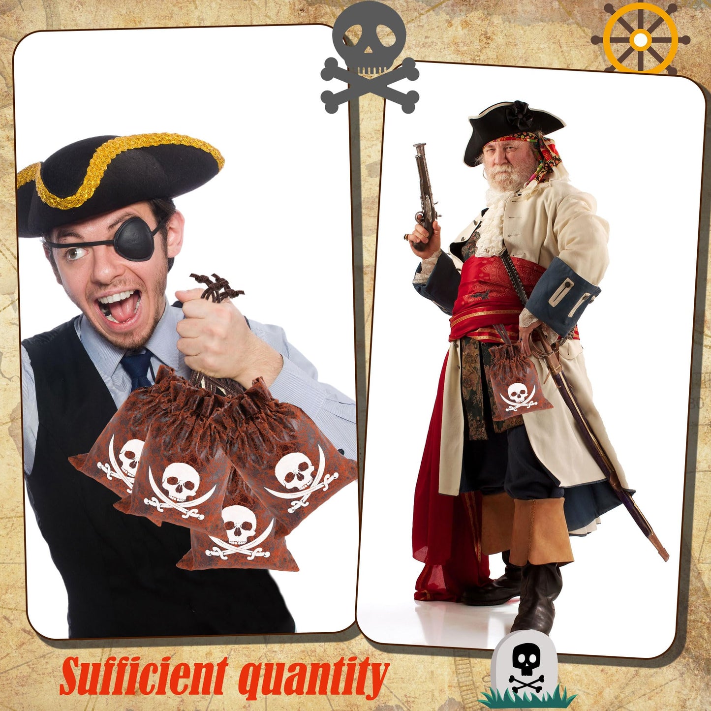 Plukeen 32 Pcs Pirate Goodie Bags Bulk 4.7 × 6.2 Inches Drawstring Faux Cow Skin Pirate Loot Storage Pouch Bags Coconut Brown Small Coin Wallet for Pirate Adventure Party Favors