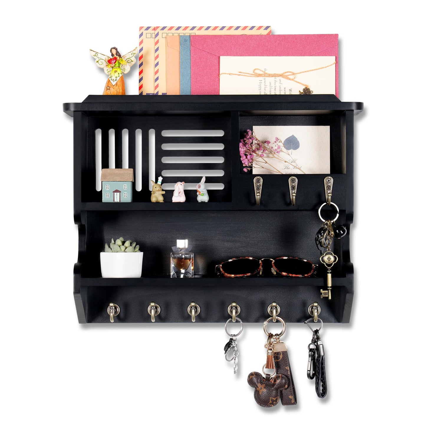 Mutsault Key Holder for Wall, Mail and Key Holder for Home Decor, Key and Mail Holder for Wall with Key Hooks, Black