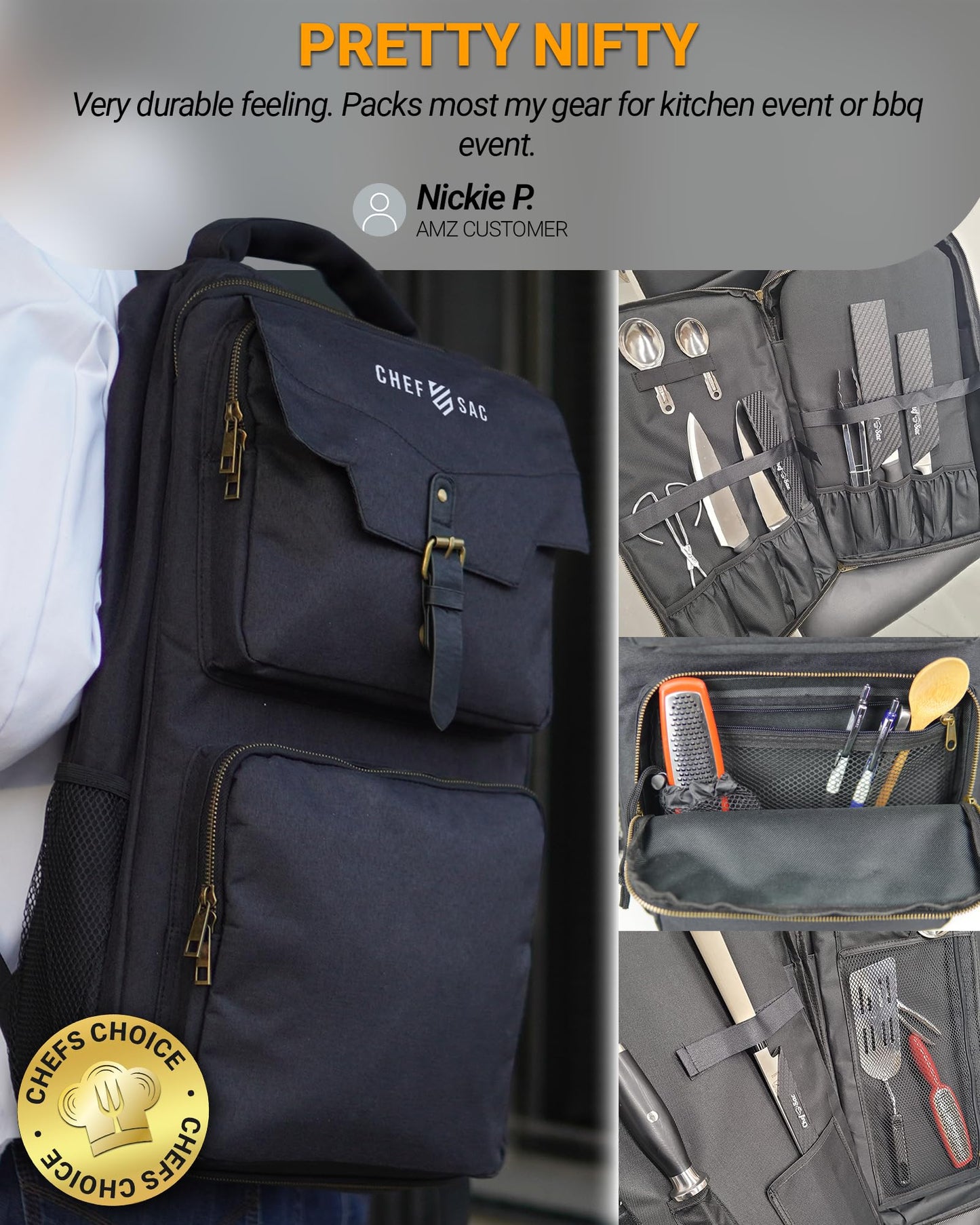 Chef Knife Backpack TRAVELLER - Patented Knife Retention Panels with Hook-and-Loop, Water Resistant 900D Polyester Canvas, YKK Zippers, Work Bag for Chefs & Culinary Students (Black)