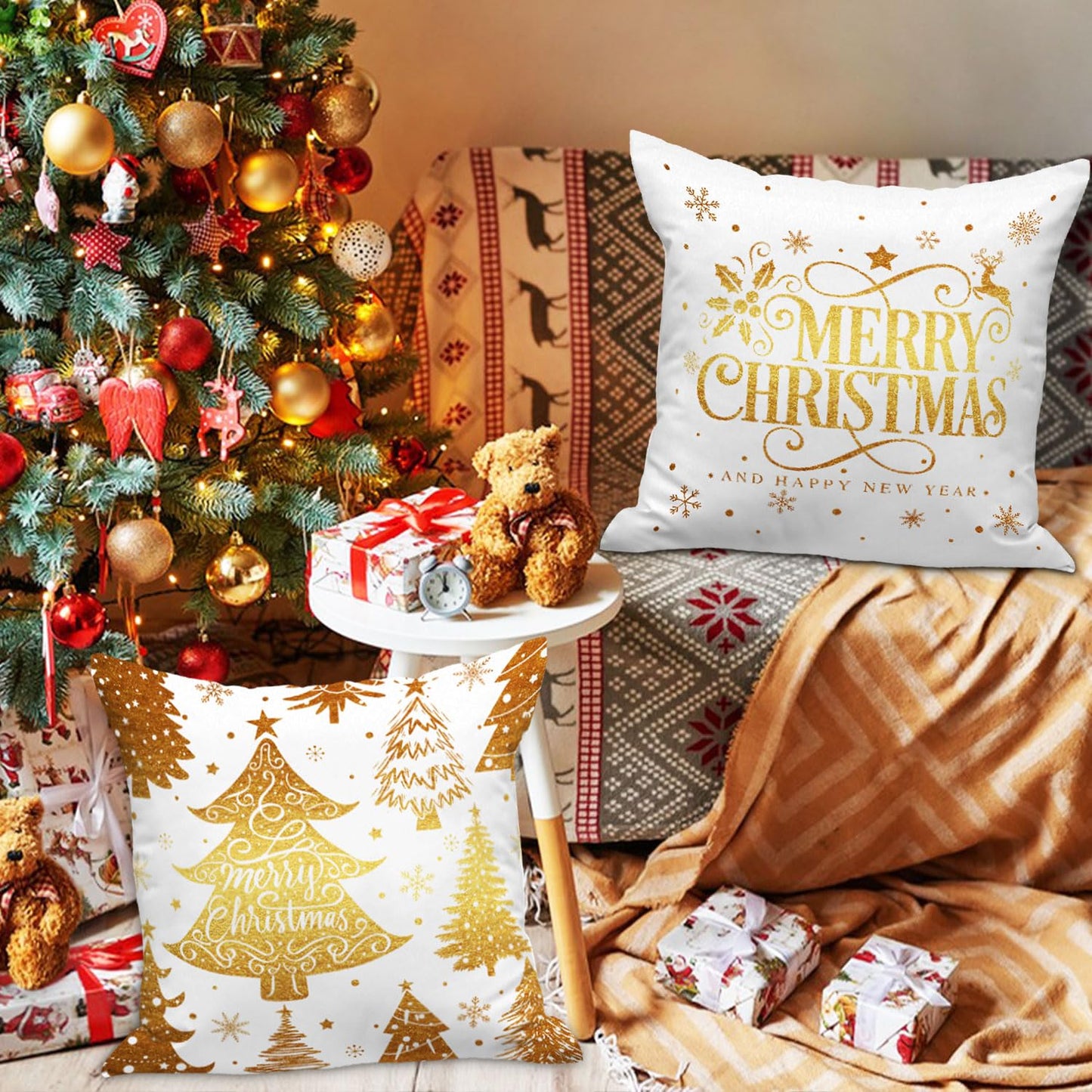 Lanpn White and Gold 18x18 Christmas Pillow Covers Set of 4, Decorative 18 Inch Navy Winter Snowflake Throw Pillow Case Xmas Cushion Cover for Indoor House Sofa Gold
