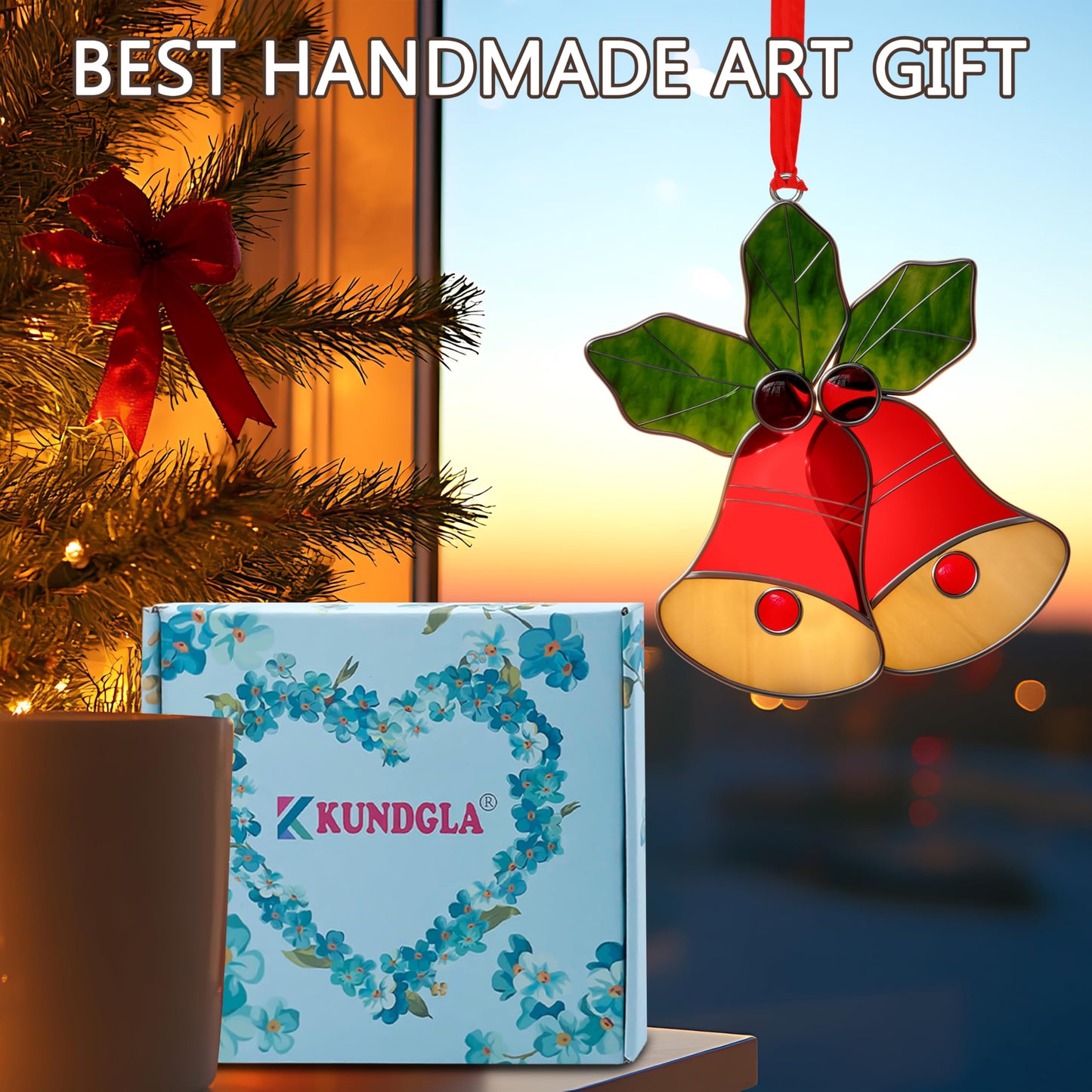 KUNDGLA New Stained Glass Sun Catcher for Windows Hangings Personalized Ornament Metal Decorative Gifts for Mom Grandma Friend Teacher Birthday Christmas Tree Holiday Hanging Decor Gift Box (Red Bell)
