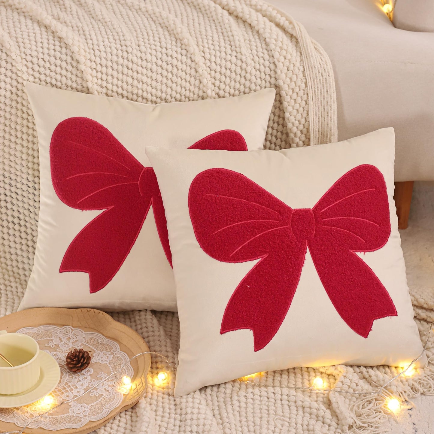 Tosleo Red Bow Pillow Covers 18 x 18 inch Set of 2 Velvet Embroidery Throw Pillow Cover Merry Xmas Party Decor Pillowcase Winter Holiday Cushion Case