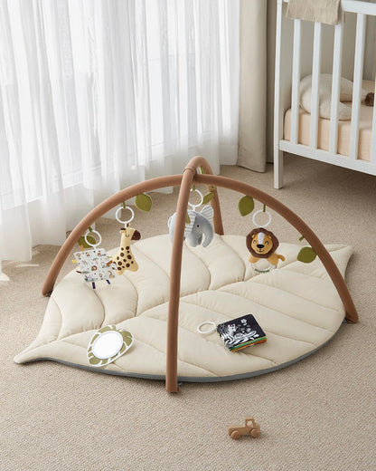 Blissful Diary Baby Play Gym & Activity Mat, Leaf Shaped Baby Tummy Time Play Mat with 6 Detachable Toys, Promotes Motor Skills & Sensory Development, Newborn Baby Essentials Gift, Oatmeal Beige