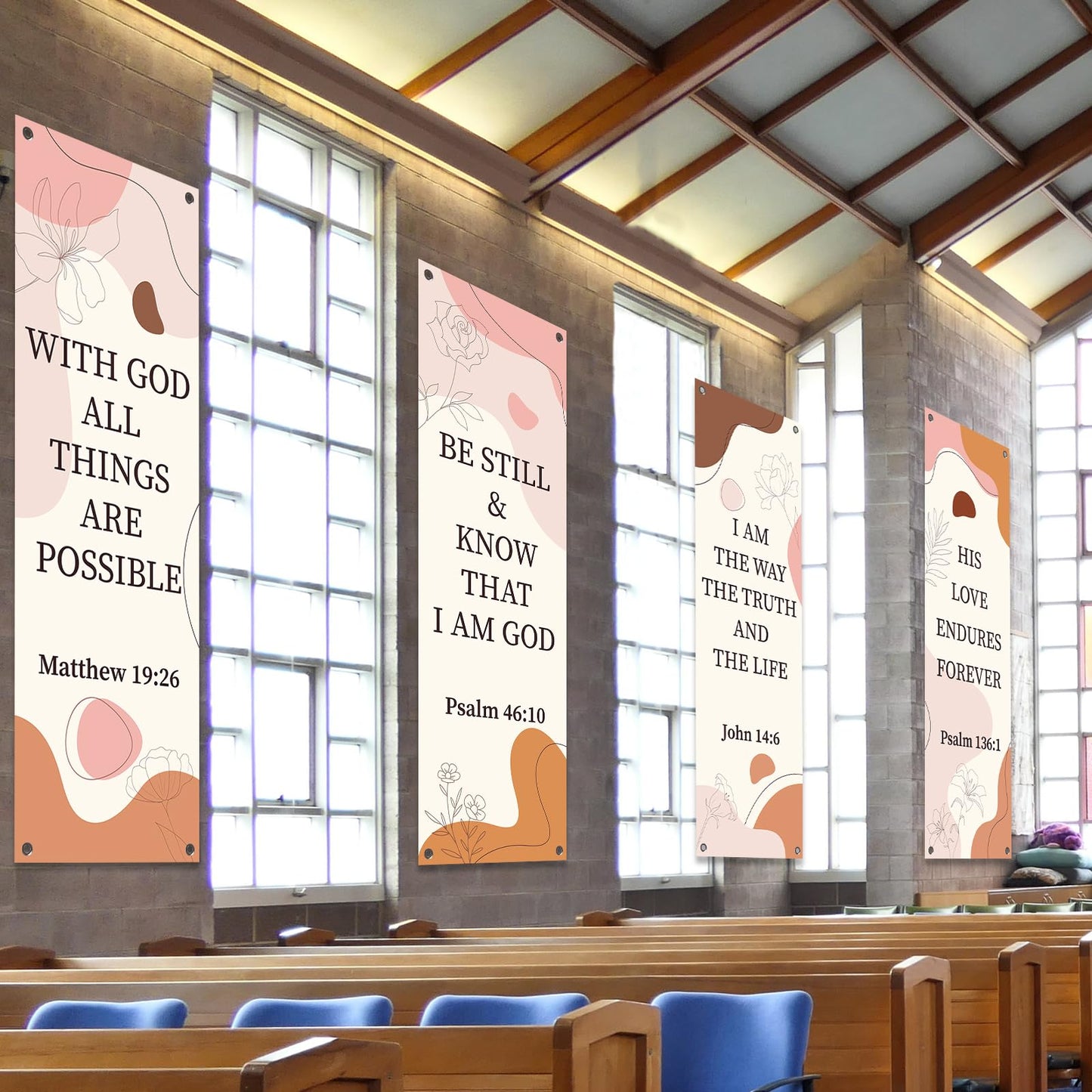 4Pcs Boho Church Banners for Sanctuary Wall Worship Church Banners with Scripture Welcome Inspirational Religious Hanging Backdrop Bible Verses Banner Hanging Signs for School Church Boho Decor
