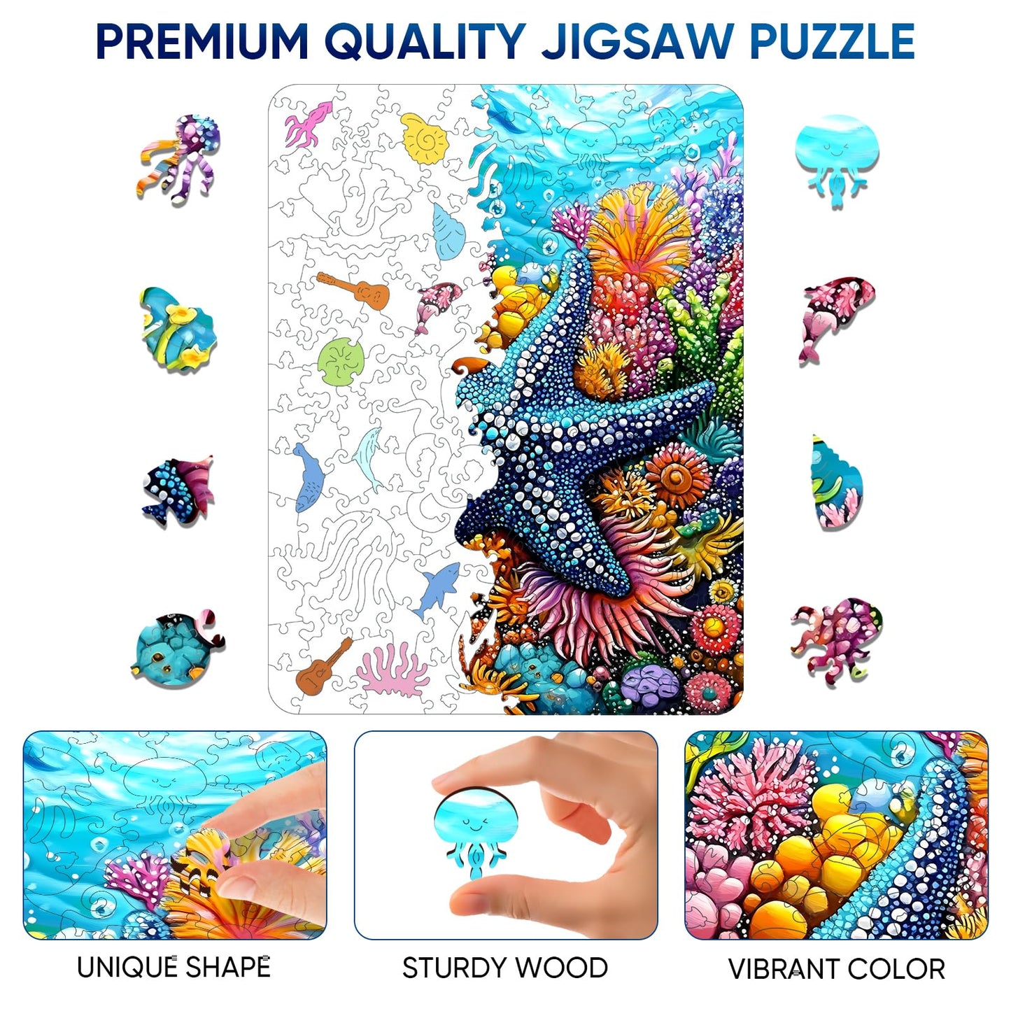 Mocfesk Wooden Puzzles for Adults, Starfish Wooden Puzzles 200 Pieces, Unique Shaped Underwater Ocean Jigsaw Puzzles for Adults and Kids, Birthday Gifts Fun Family Game 11.8 x 8.8 in