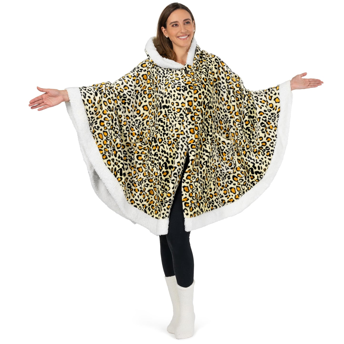 PAVILIA Hooded Blanket Poncho, Women Sherpa Fleece Shawl Wrap with Hood, Wearable Blanket Cozy Warm Poncho Cape Throw with Pockets, Gift for Elderly Mom, Cheetah Yellow