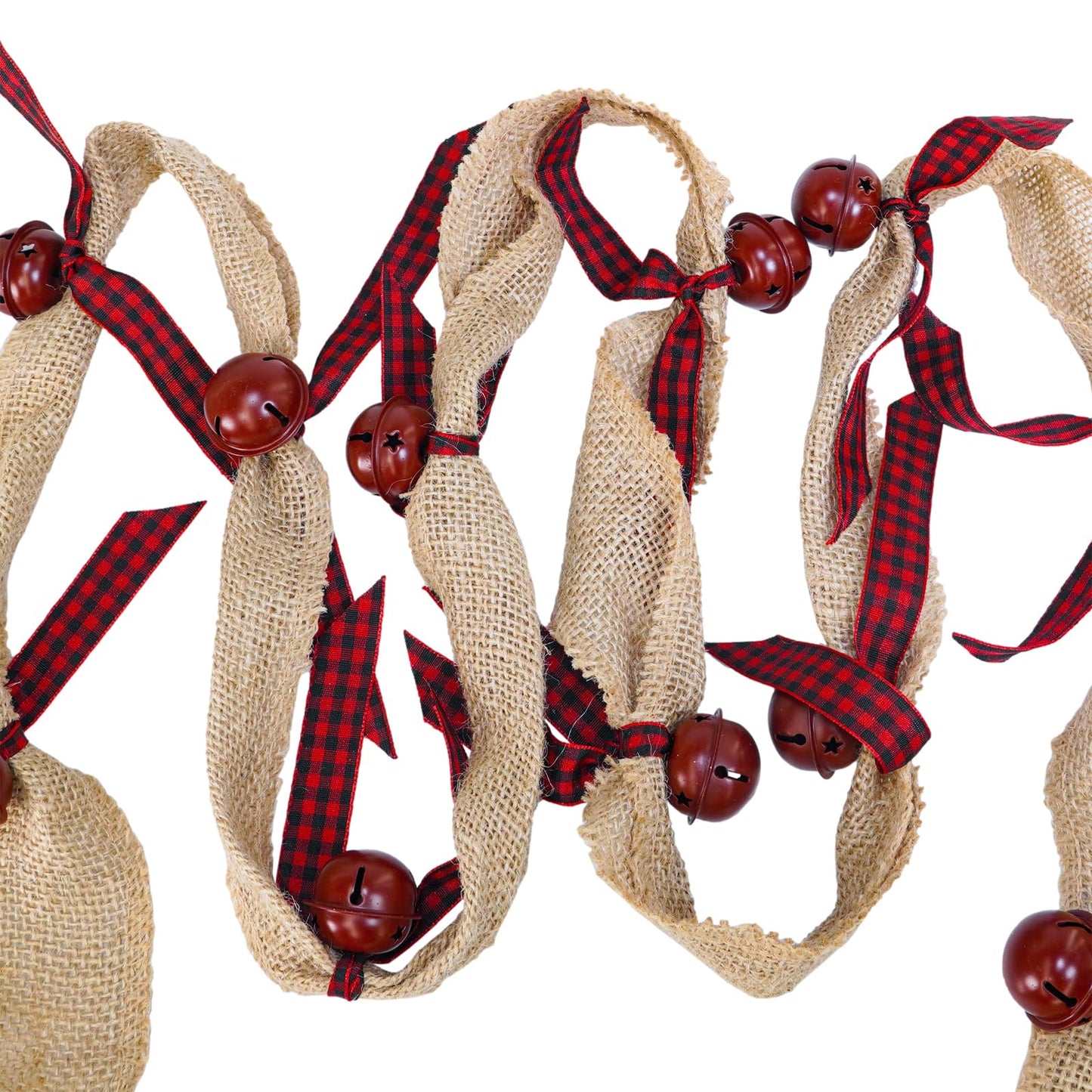 Winlyn Rustic Sleigh Bell Garland - 6 Yards Burlap with Buffalo Plaid Ribbon - Metal Jingle Bells - Farmhouse Christmas Tree & Banister Mantel Decoration