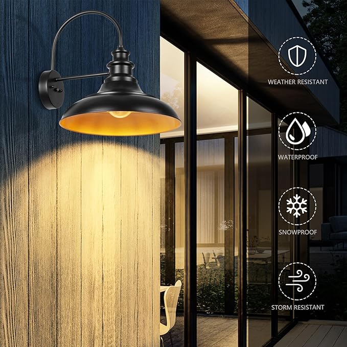 Dusk to Dawn Sensor Outdoor Barn Light Fixtures, 16 Inch Dome Farmhouse Outdoor Wall Sconces, Rustic Gooseneck Exterior Wall Mount Lights, Industrial Black Gold Wall Lanterns for Porch, 2 Pack
