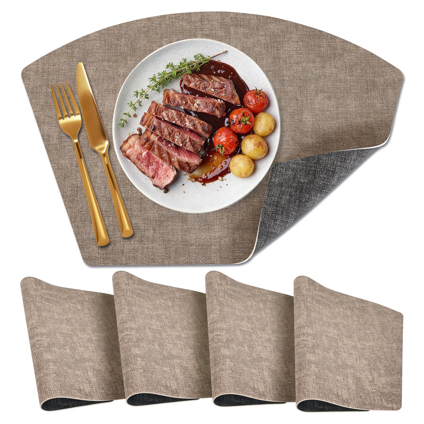Round Table Placemats Set of 4, Dual-Sided Wedge Shape Faux Leather Table Mats, Washable Wipeable Heat Resistant Place Mats for Outdoor Indoor, Camel Gray