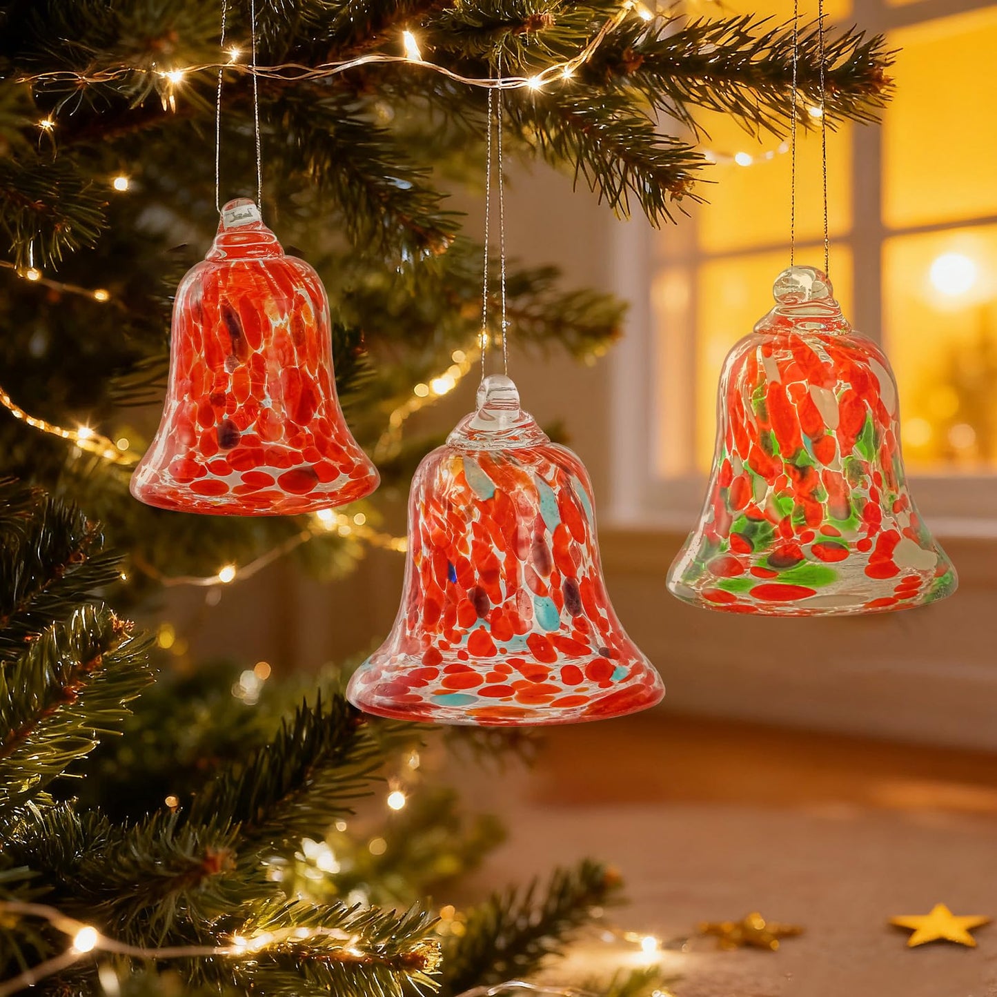 3 Pcs Red Glass Hanging Bell Ornaments for Garden, Patio, and Home