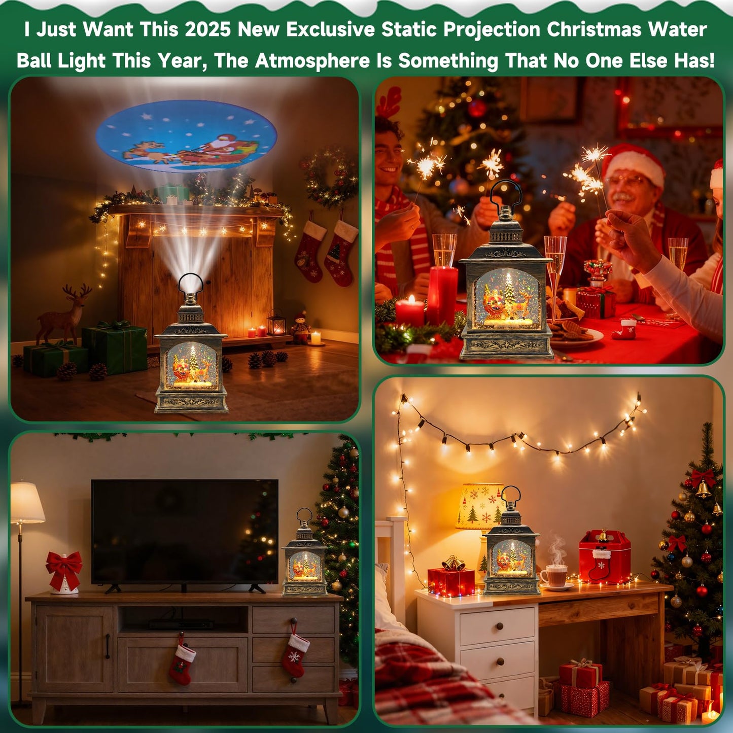 Christmas Snow Globes Lantern Water Swirling Glitter,with Santa Claus Projection/Auto 6H Timer/Music,Christmas Decorations Indoor Festival Home for Tabletop,USB/Battery Operated-Gifts for Kids Adults
