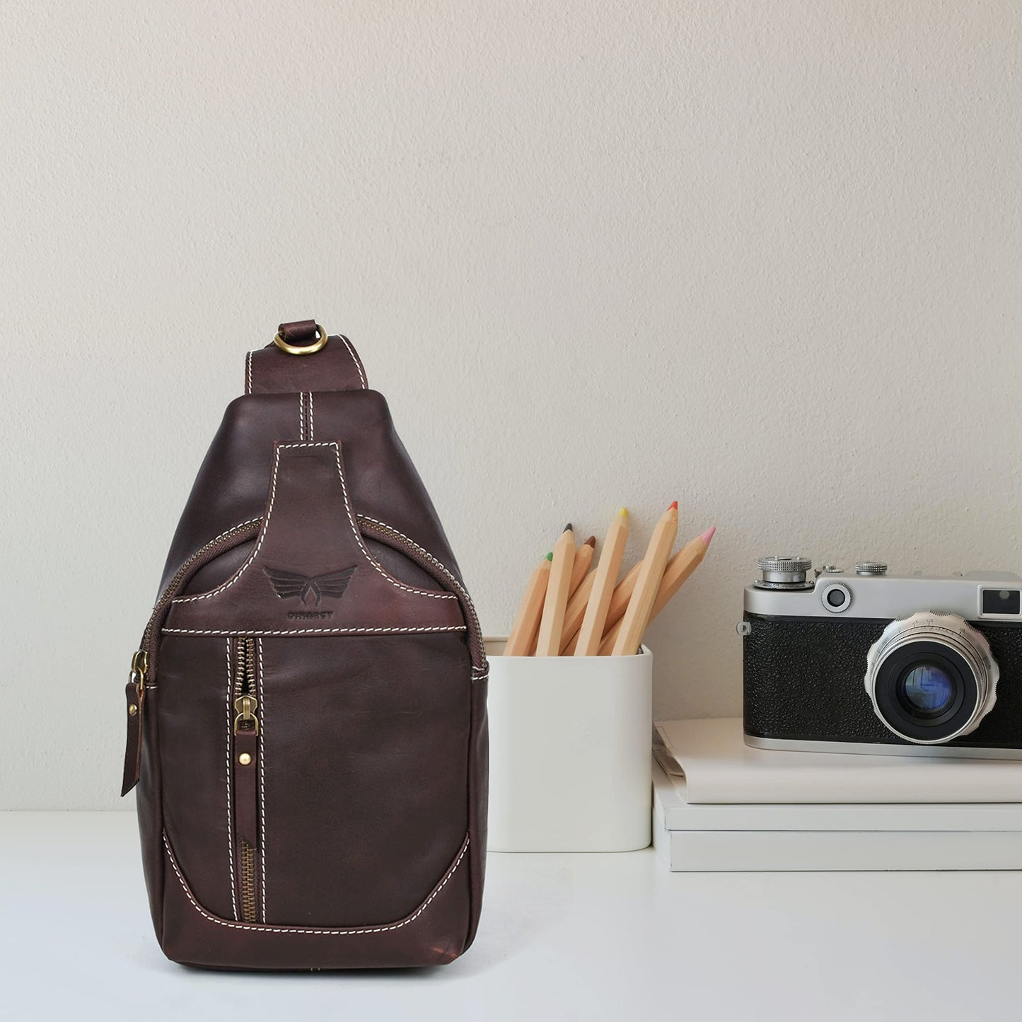 Dimarcy Leather Cross-body Sling Bag Casual Daypack Backpack Chest Shoulder Multi-Purpose Timeless Design Small Men (Dark Brown)