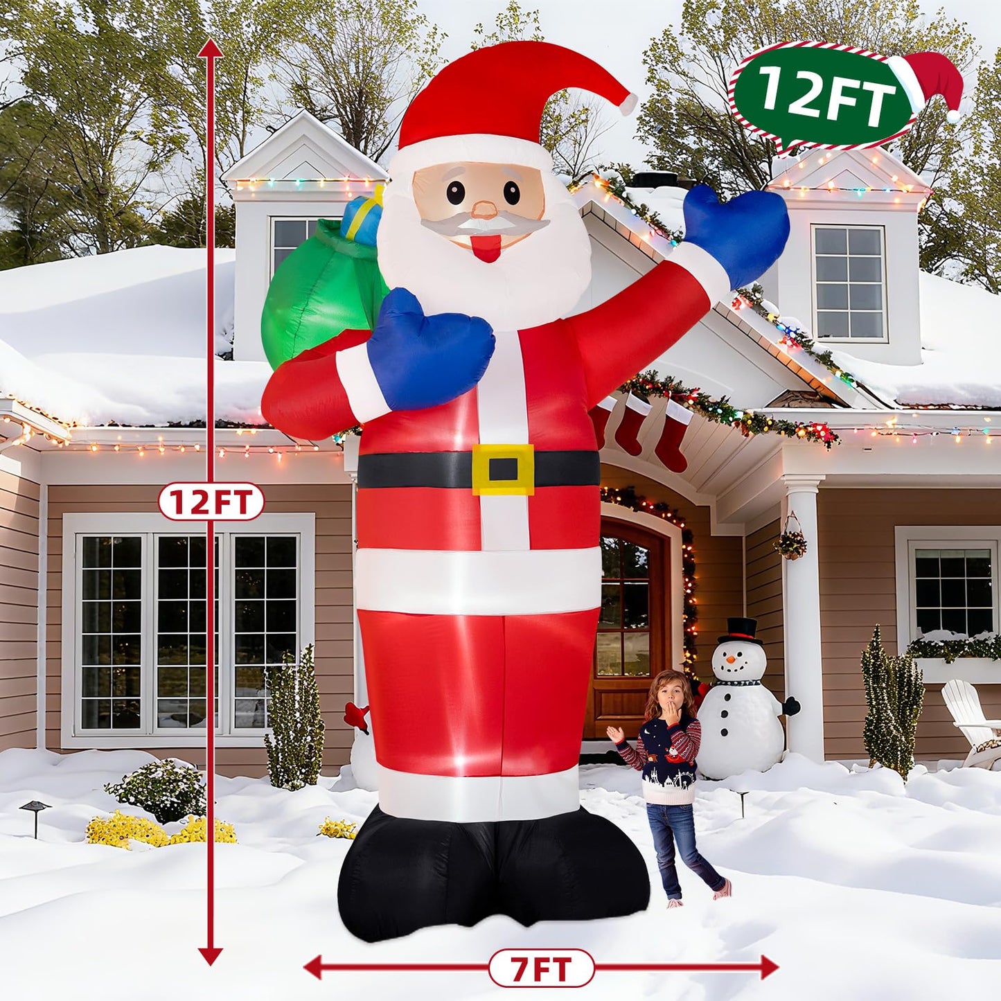 B&D 12FT Giant Christmas Inflatables Santa Claus Outdoor Decorations Built-in LED Lights, Christmas Blow Up Santa Yard Decorations with Gift Bag Inflatable Xmas Decorations for Yard Garden Lawn