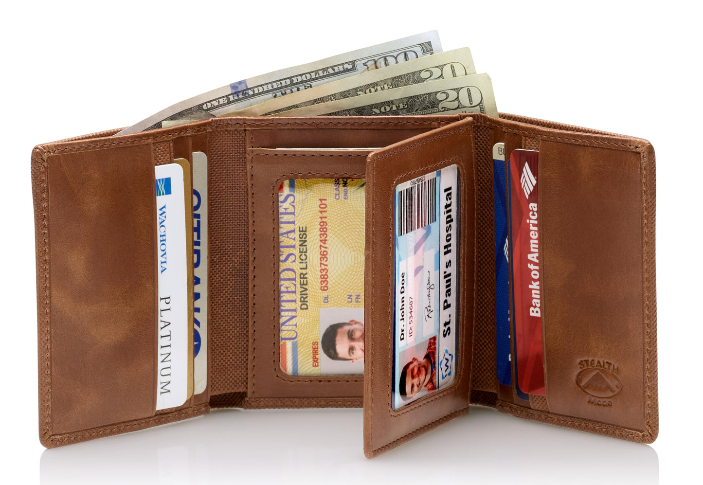 Stealth Mode Trifold Wallet for Men RFID Blocking – Genuine Napa Leather Extra Capacity Mens Wallet, 11 Card Slots, 3 ID Windows, Flip Out ID Holder, Large Tri Fold Leather Wallet for Men - Gift Ready
