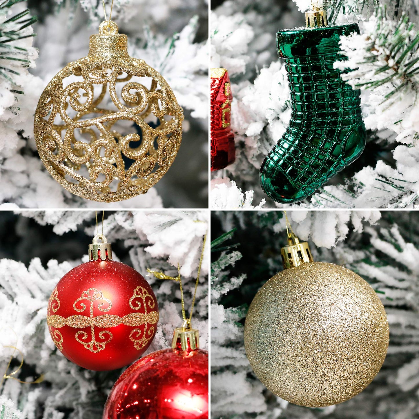 ROSELEAF 132pcs Christmas Tree Decoration Set - Red, Green & Gold Shatterproof Hanging Ornaments - Folk Art Style - Christmas, Wedding, Anniversary